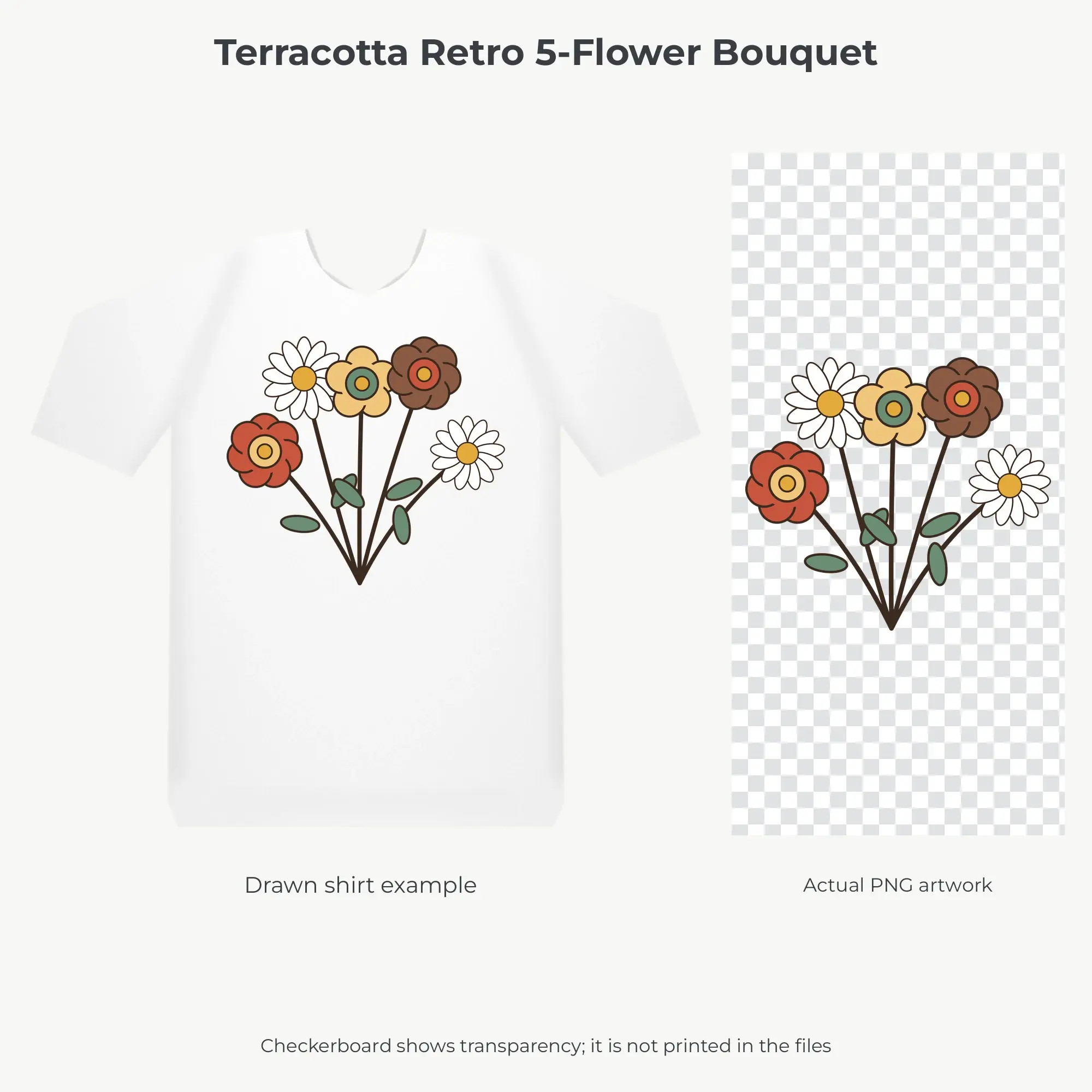 Terracotta Retro 5-Flower Bouquet Sublimation PNG for Shirts, preview 2 of 2