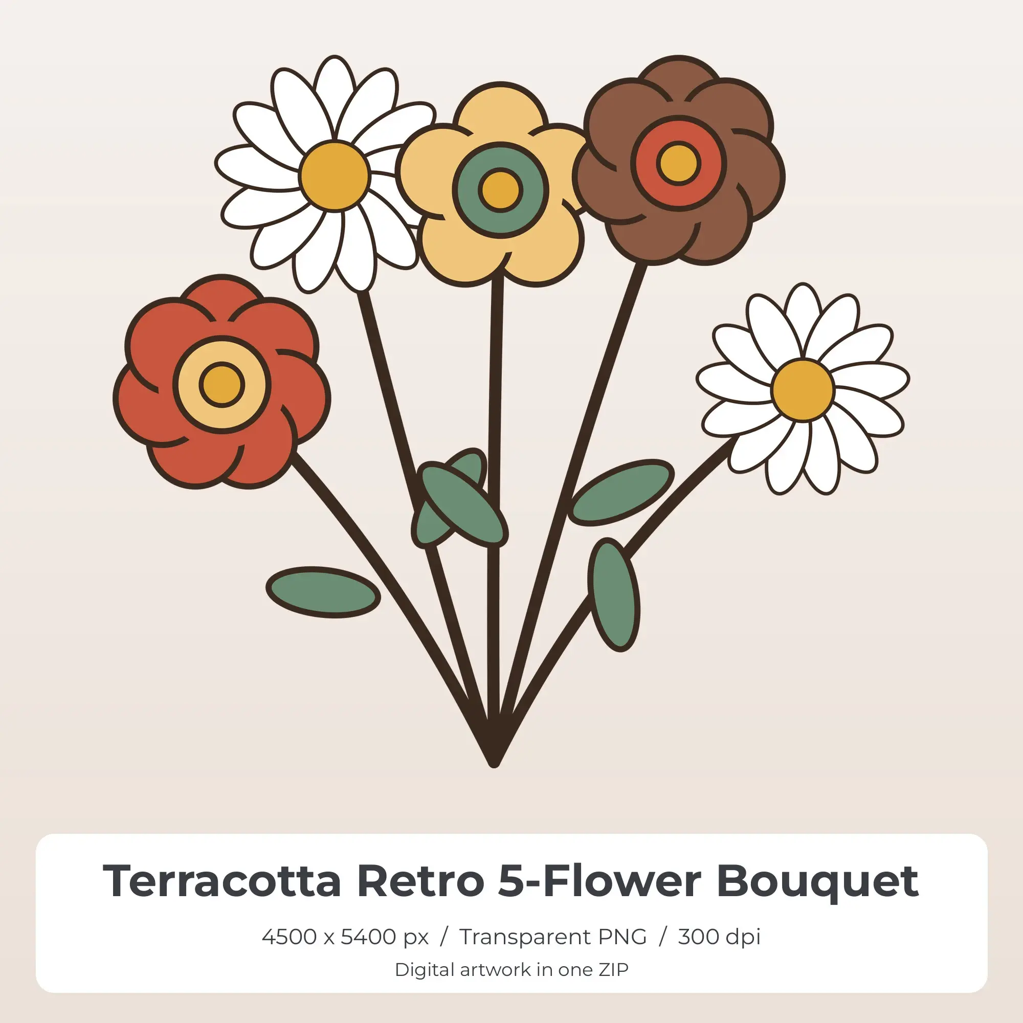 Terracotta Retro 5-Flower Bouquet Sublimation PNG for Shirts preview