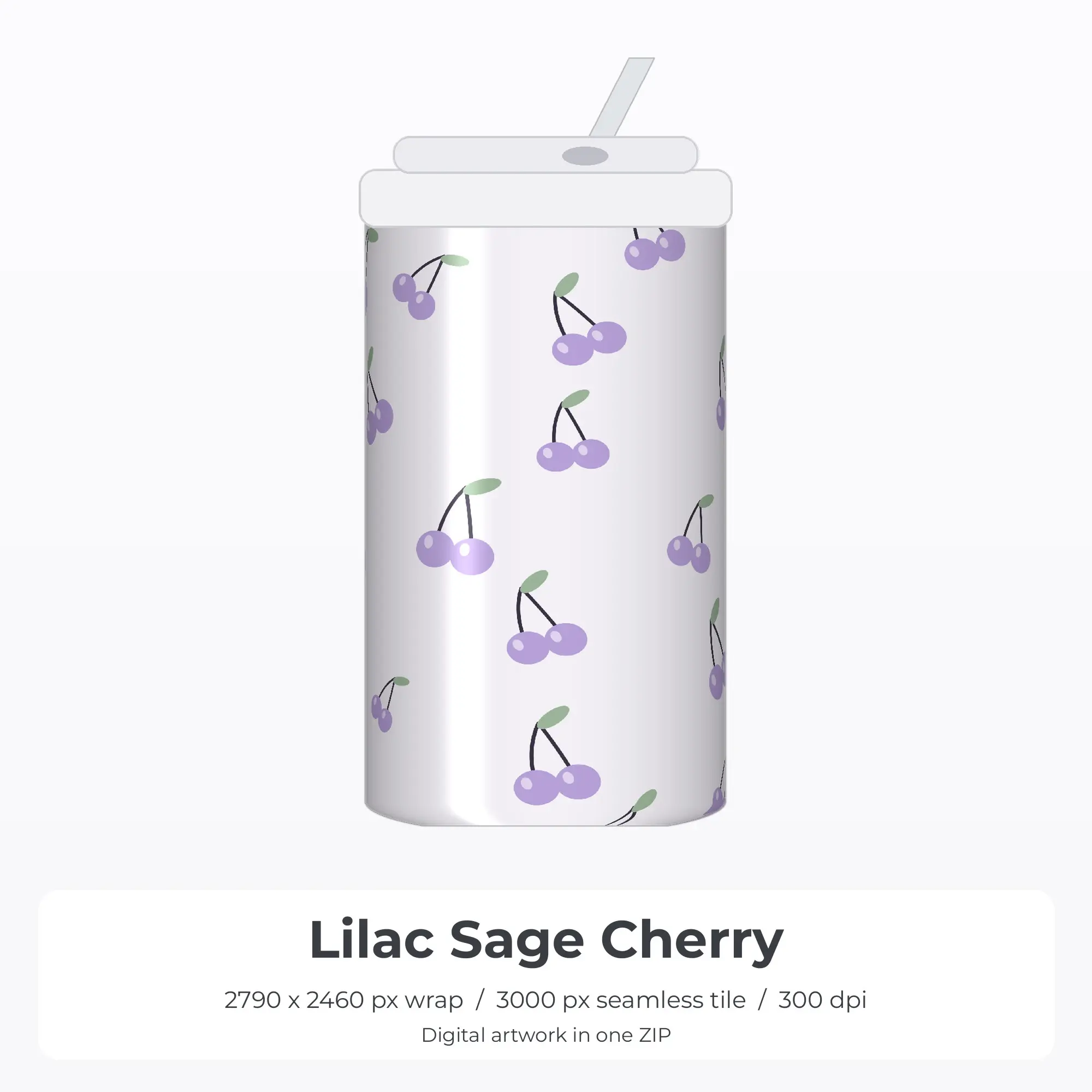 Lilac Sage Cherry Tumbler Wrap PNG, 20oz Sublimation, preview 1 of 2