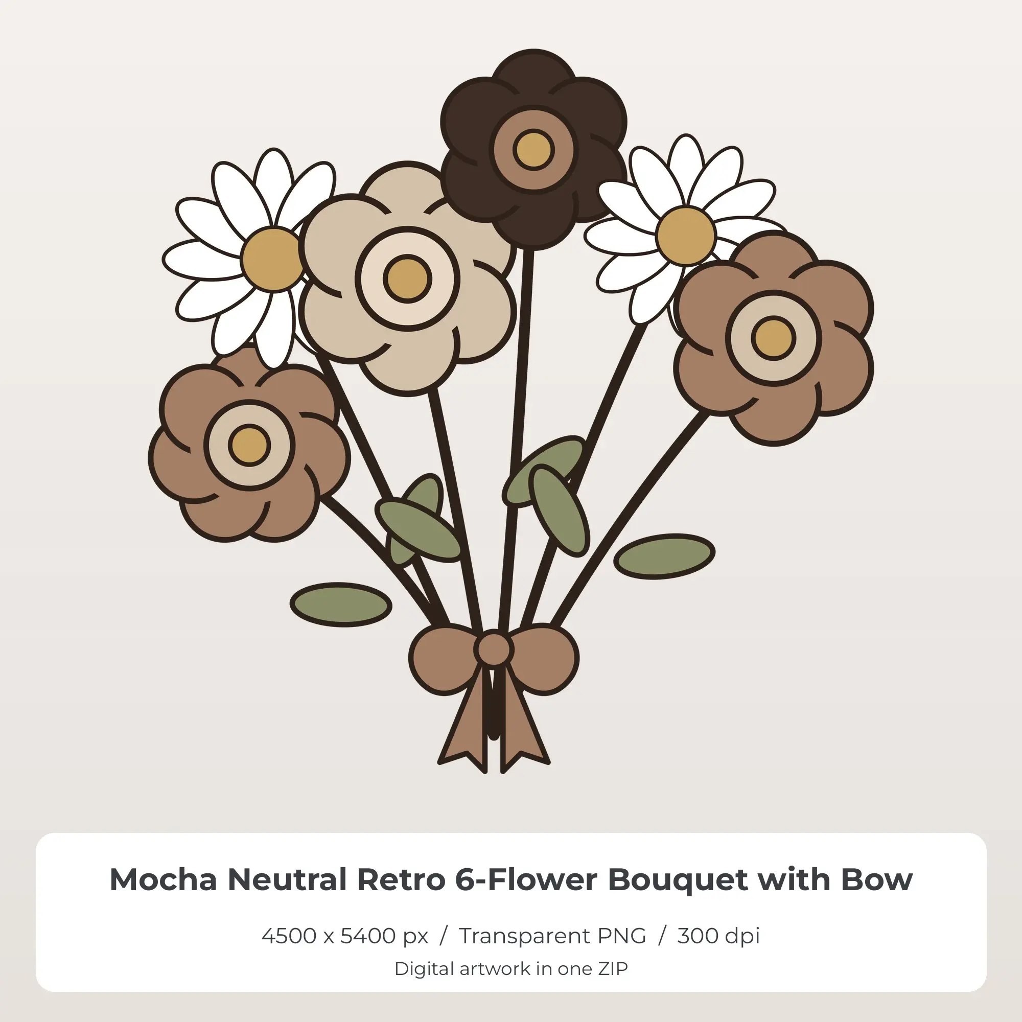 Mocha Neutral Retro 6-Flower Bouquet with Bow T-Shirt Sublimation PNG preview