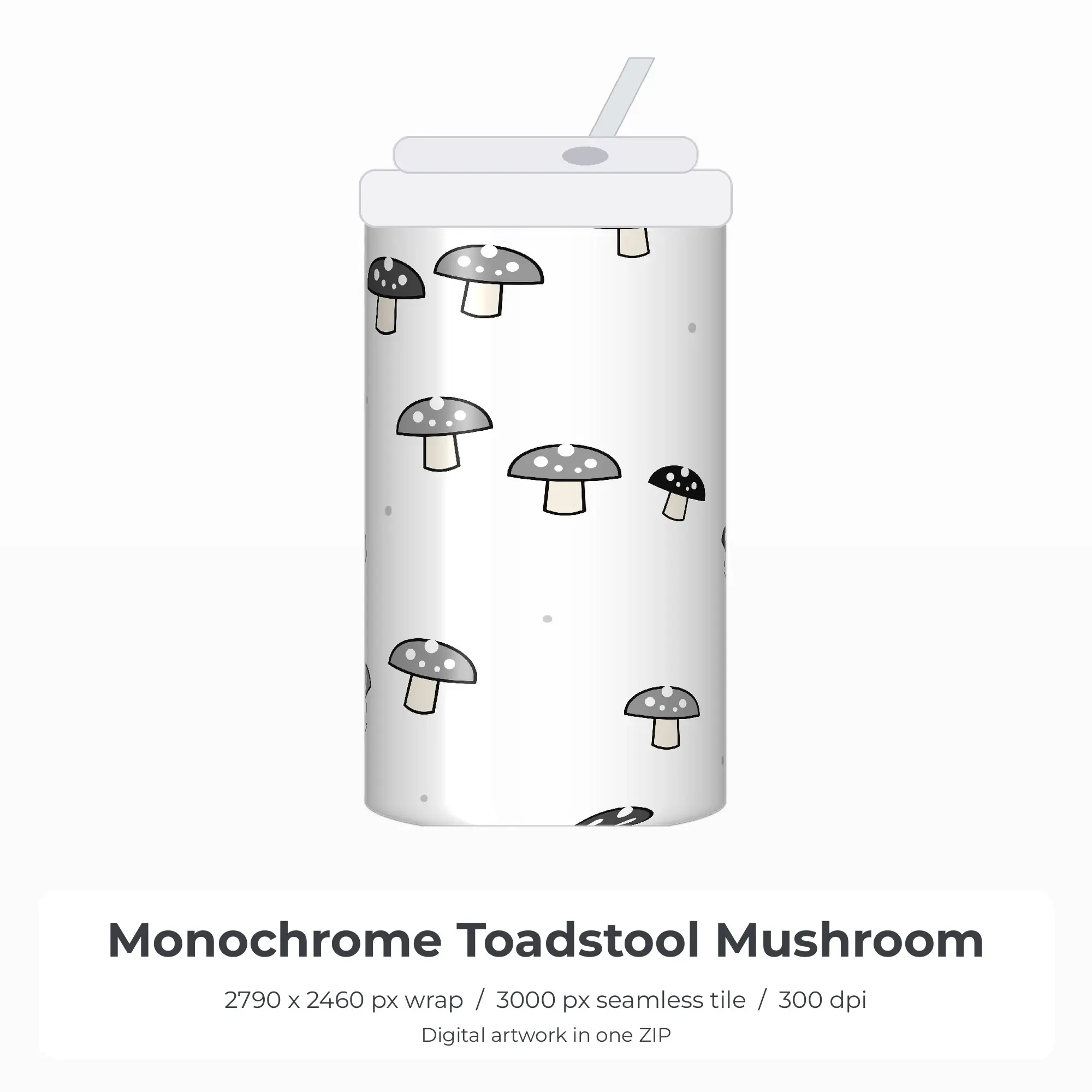 Monochrome Toadstool Mushroom Tumbler Wrap PNG, 20oz Sublimation preview