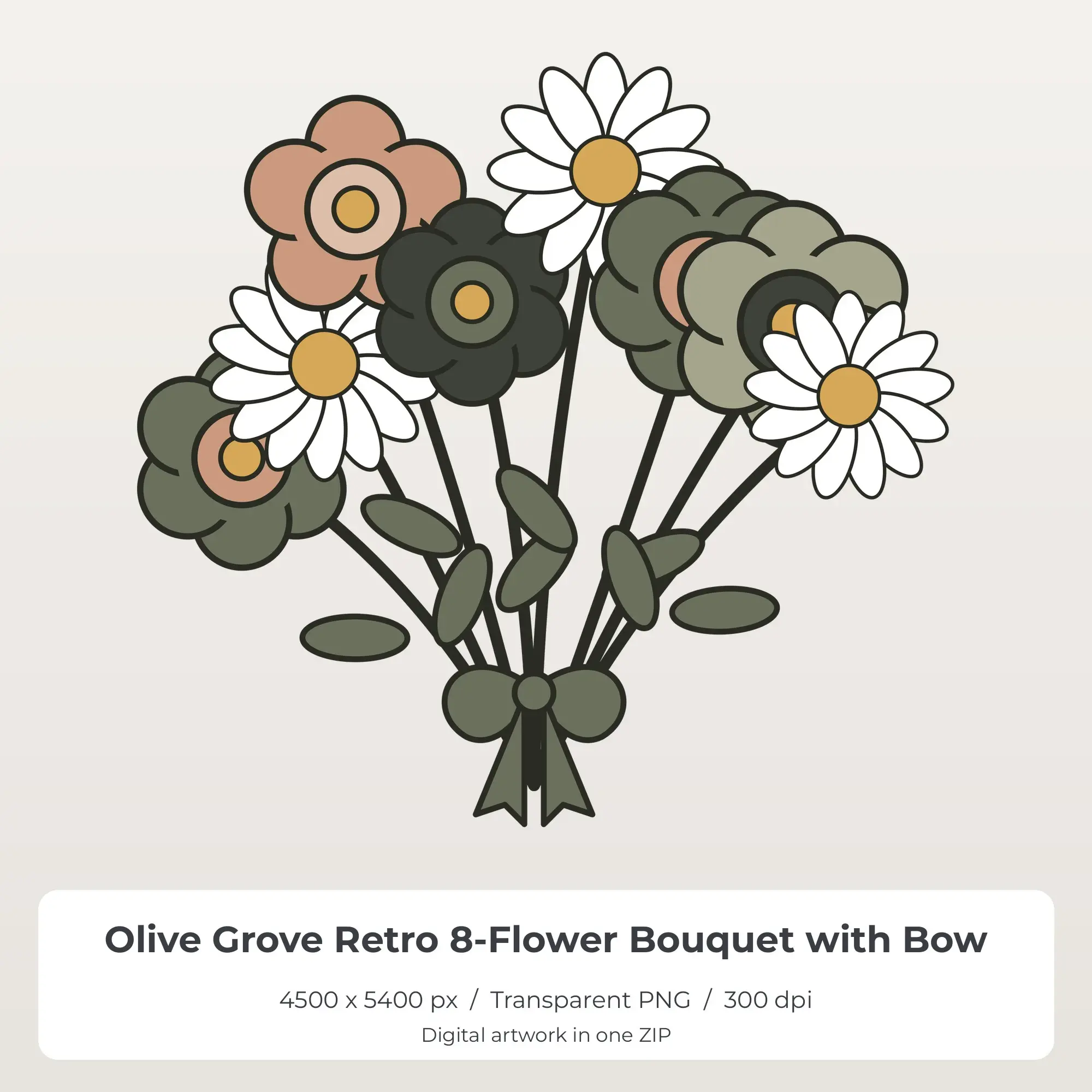 Olive Grove Retro 8-Flower Bouquet with Bow Sublimation PNG for Shirts preview