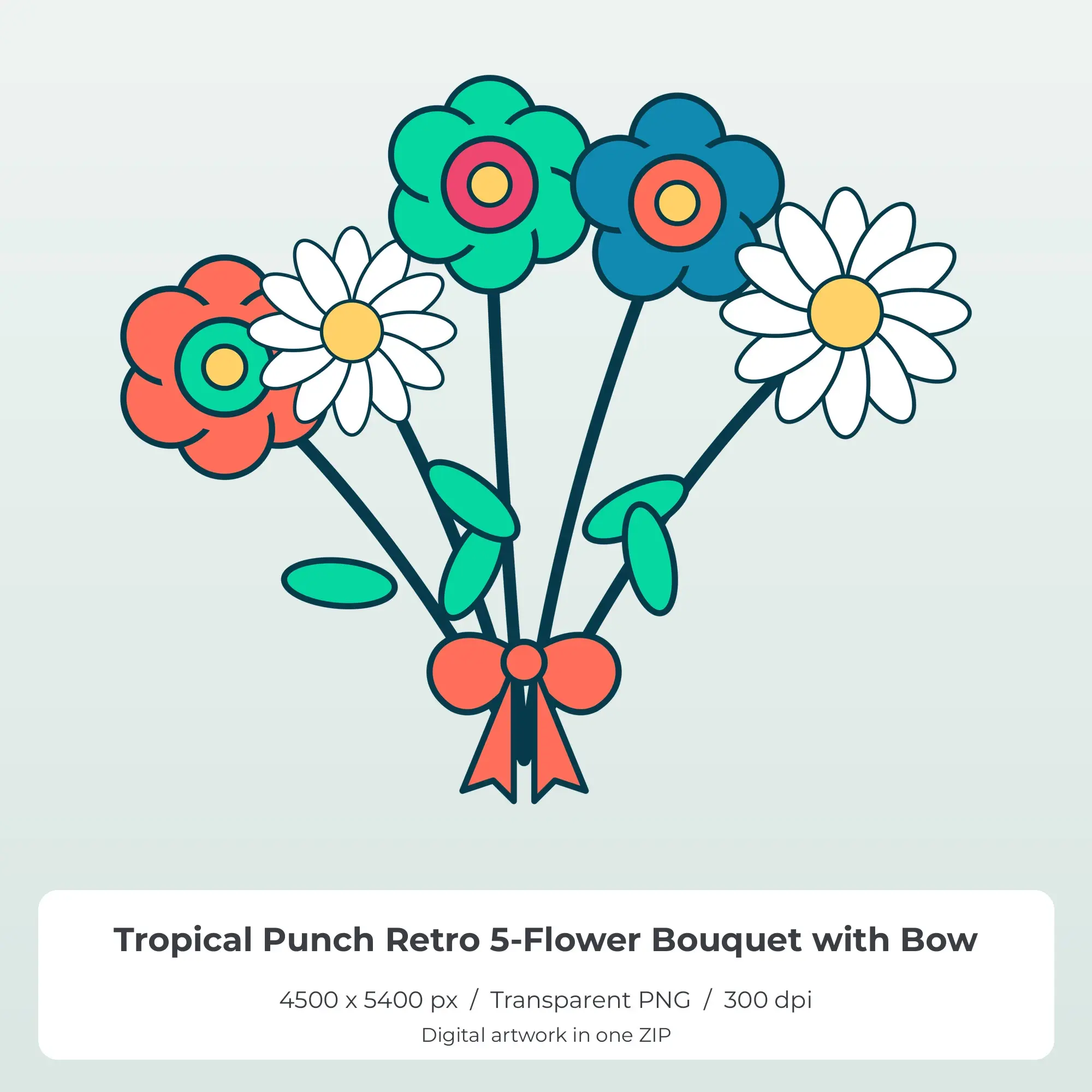 Tropical Punch Retro 5-Flower Bouquet with Bow T-Shirt Sublimation PNG preview