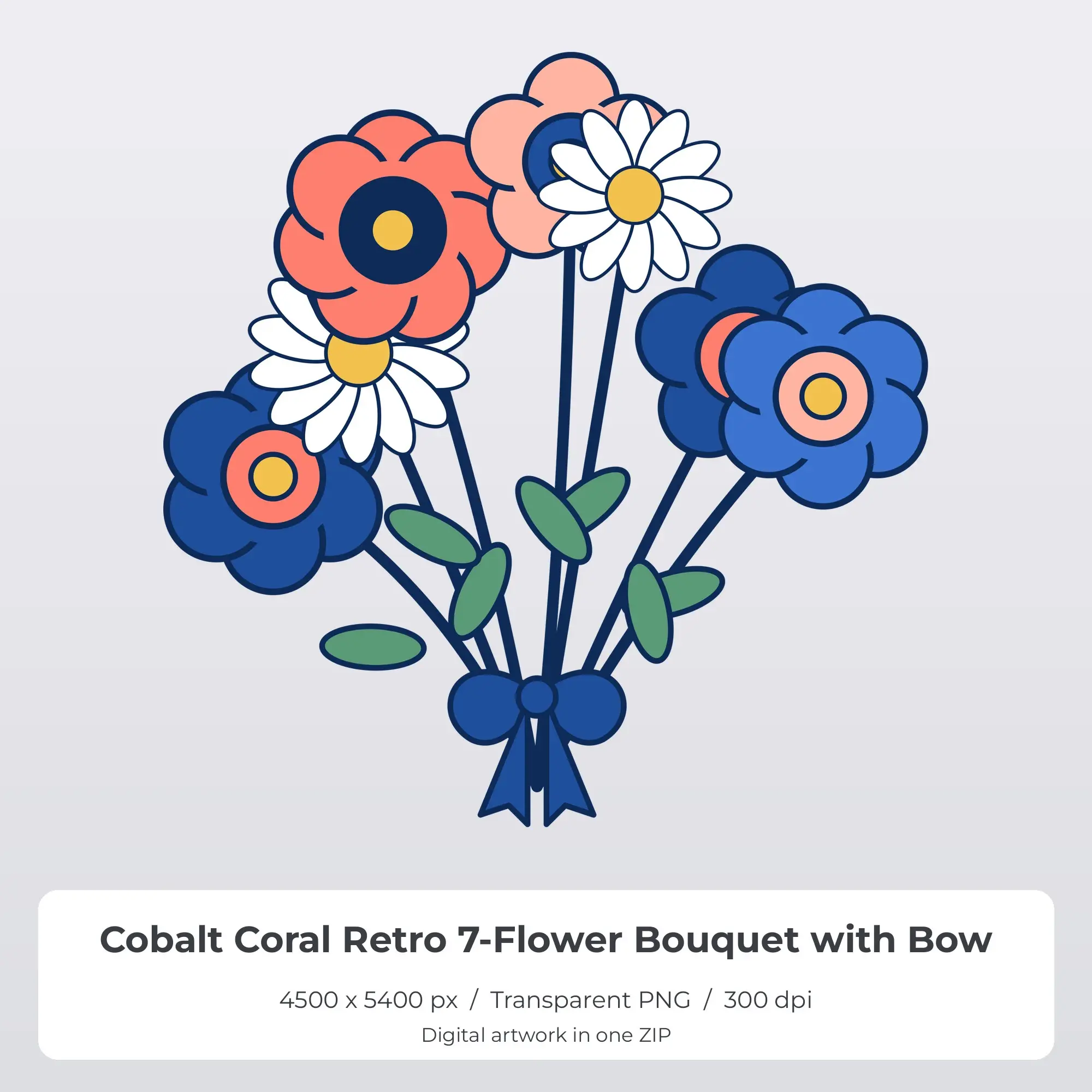 Cobalt Coral Retro 7-Flower Bouquet with Bow T-Shirt Sublimation PNG preview