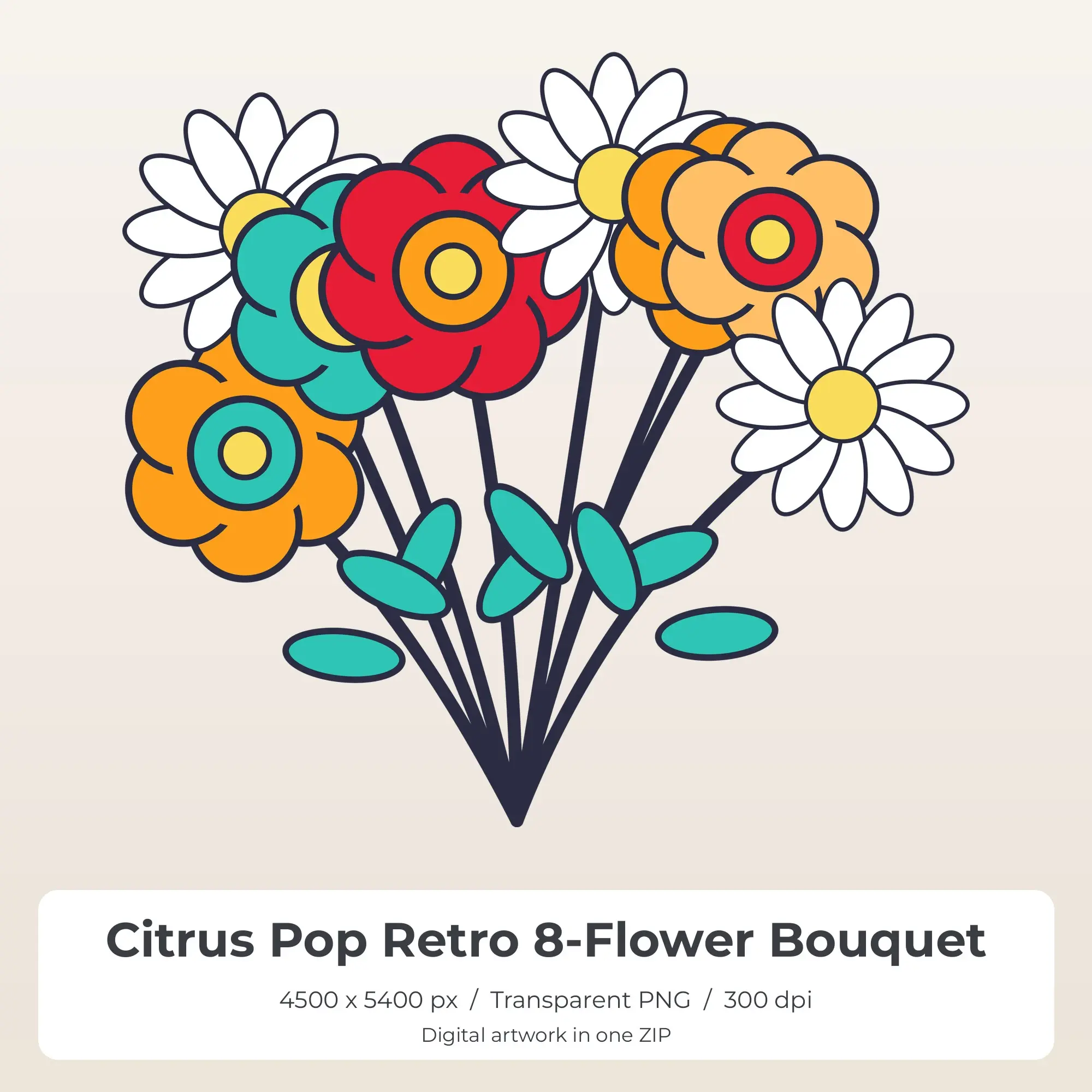 Citrus Pop Retro 8-Flower Bouquet Sublimation PNG for Shirts preview