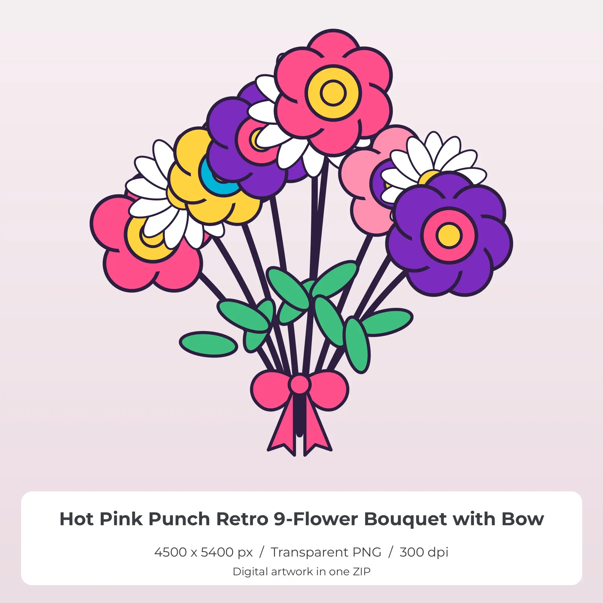 Hot Pink Punch Retro 9-Flower Bouquet with Bow T-Shirt Sublimation PNG preview