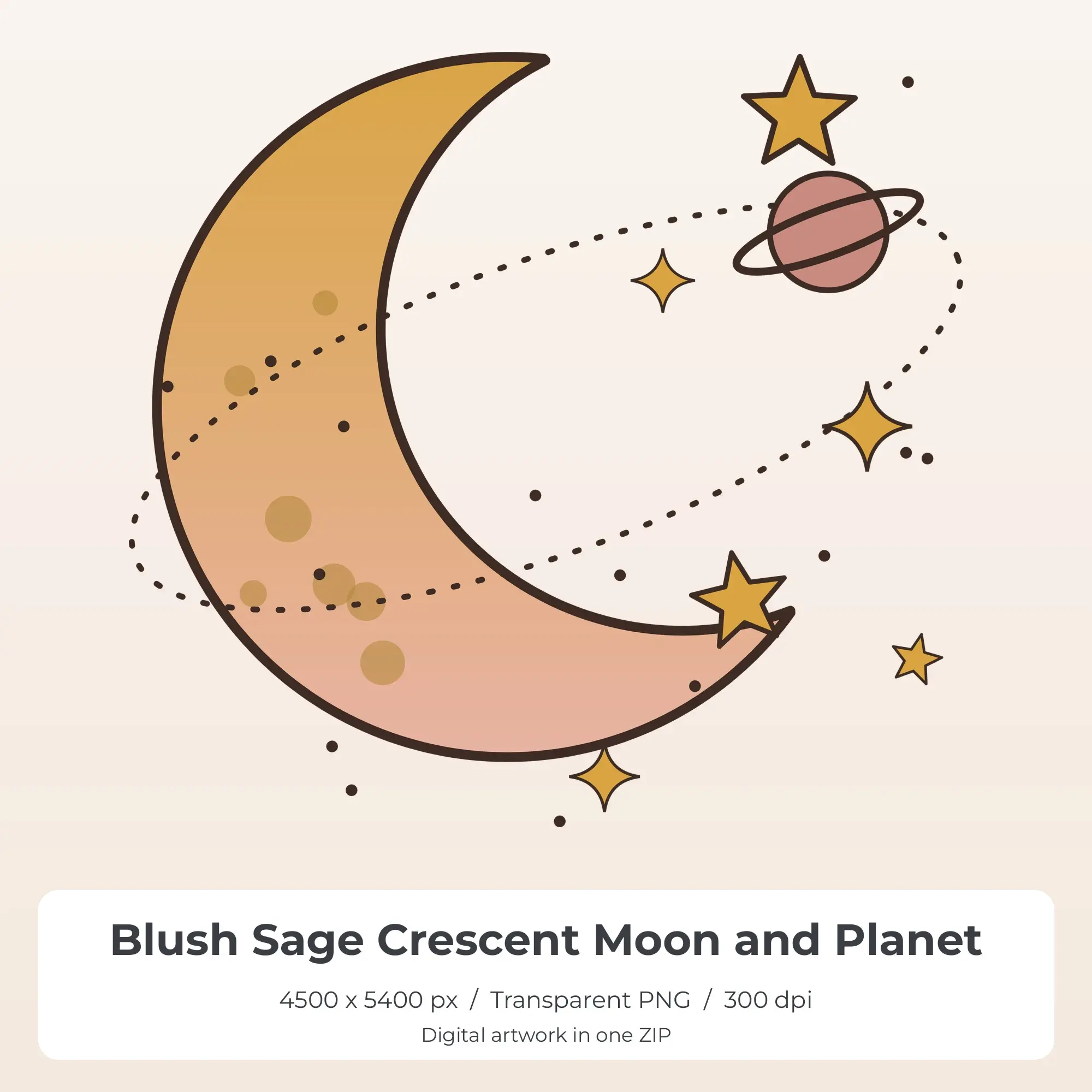 Blush Sage Crescent Moon and Planet Sublimation PNG for Shirts preview