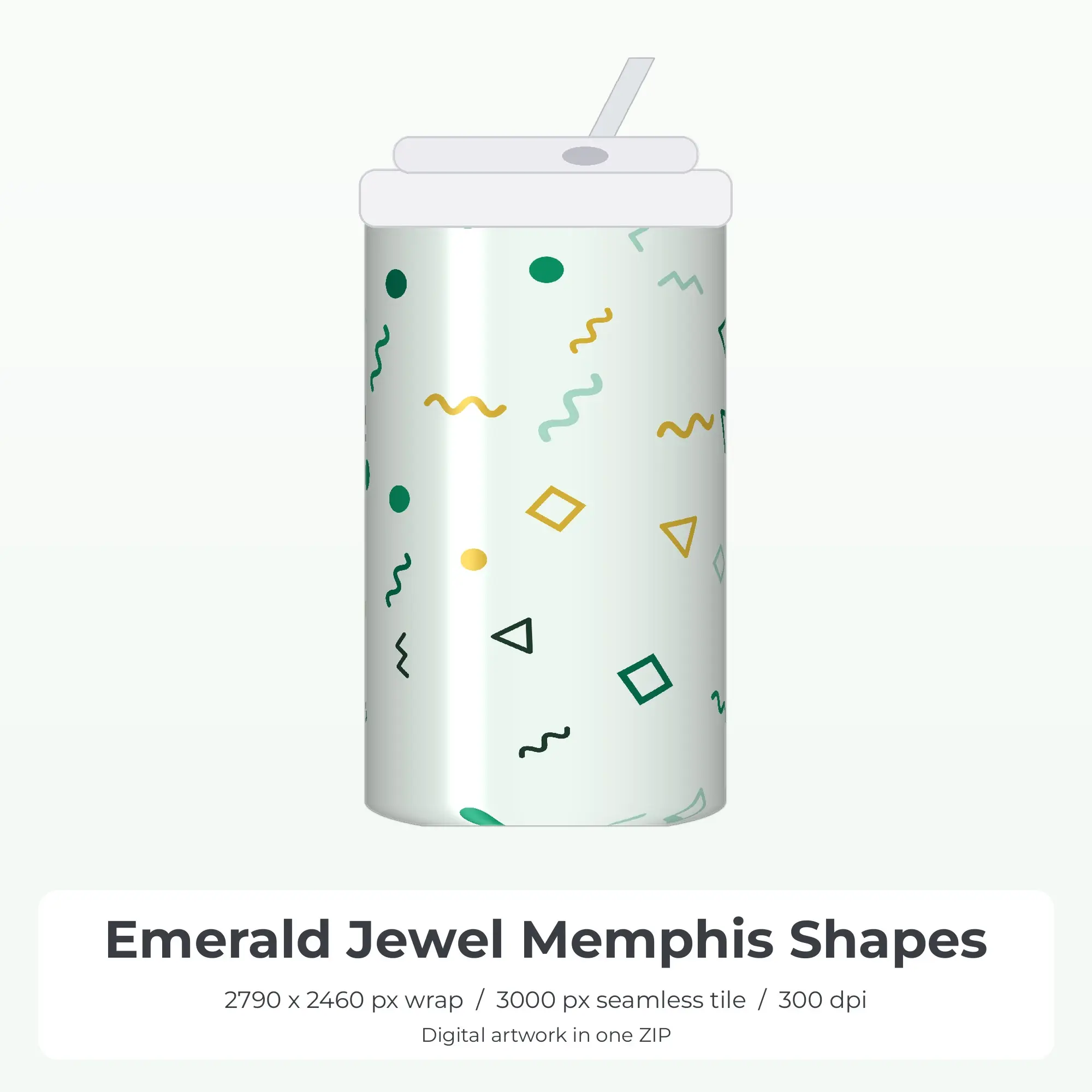 Emerald Jewel Memphis Shapes Tumbler Wrap PNG, 20oz Sublimation preview