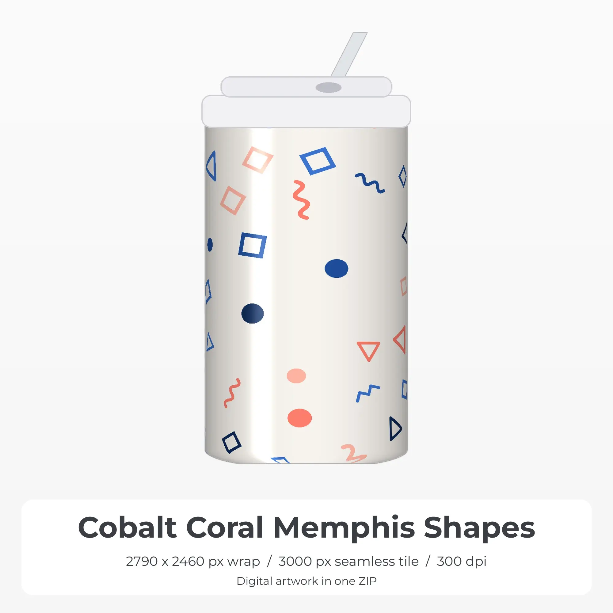 Cobalt Coral Memphis Shapes Tumbler Wrap PNG, 20oz Sublimation preview