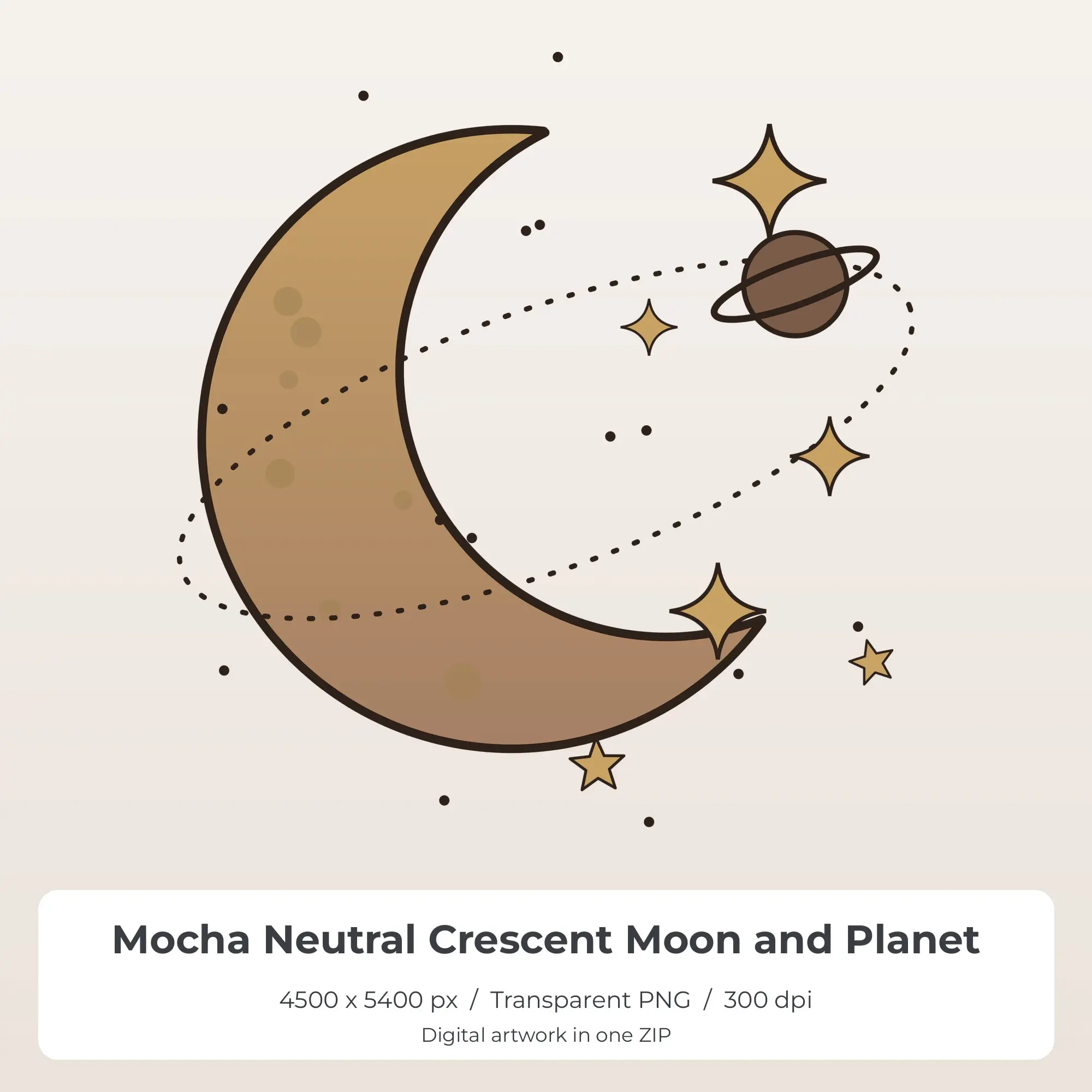 Mocha Neutral Crescent Moon and Planet Sublimation PNG for Shirts preview