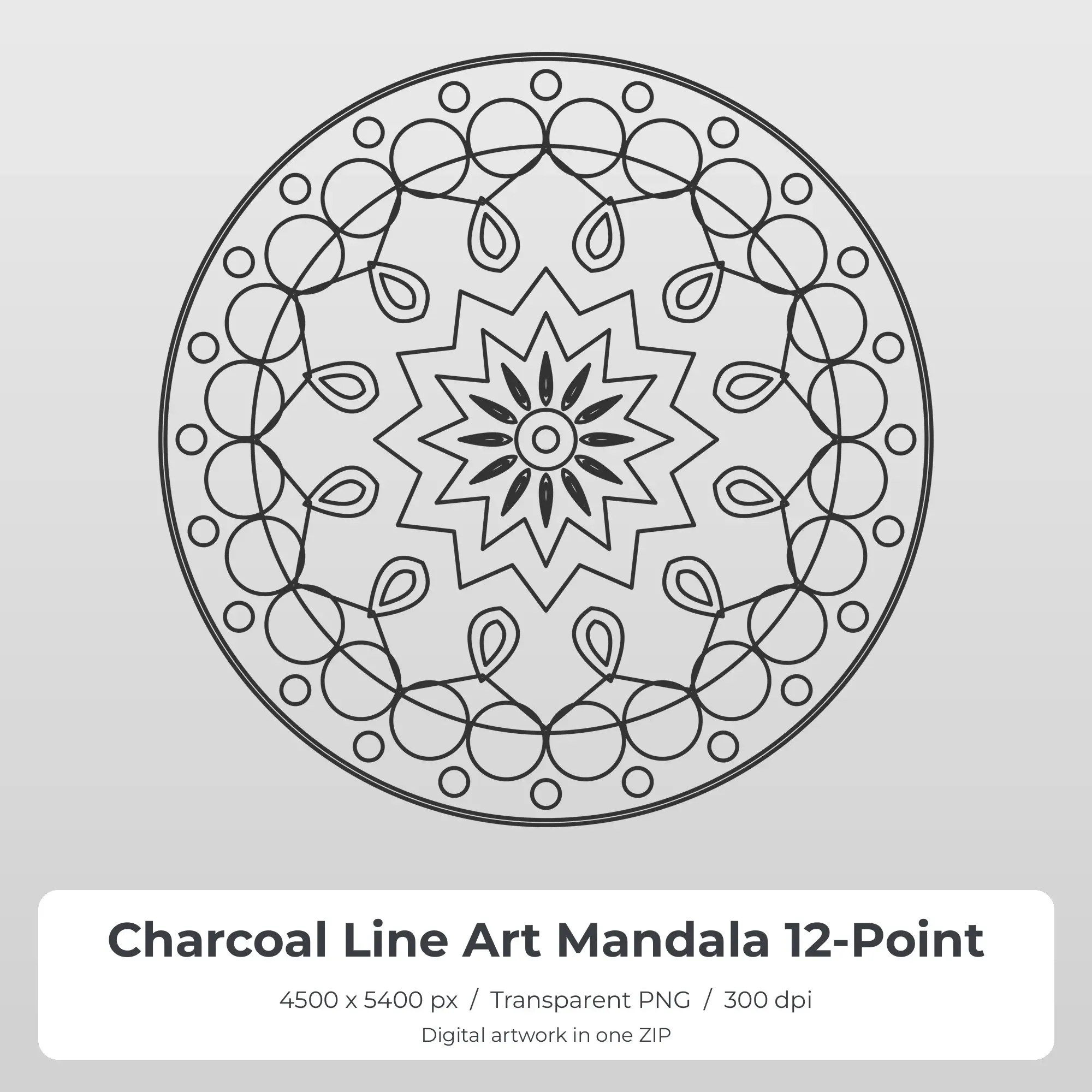 Charcoal Line Art Mandala 12-Point Sublimation PNG for Shirts preview