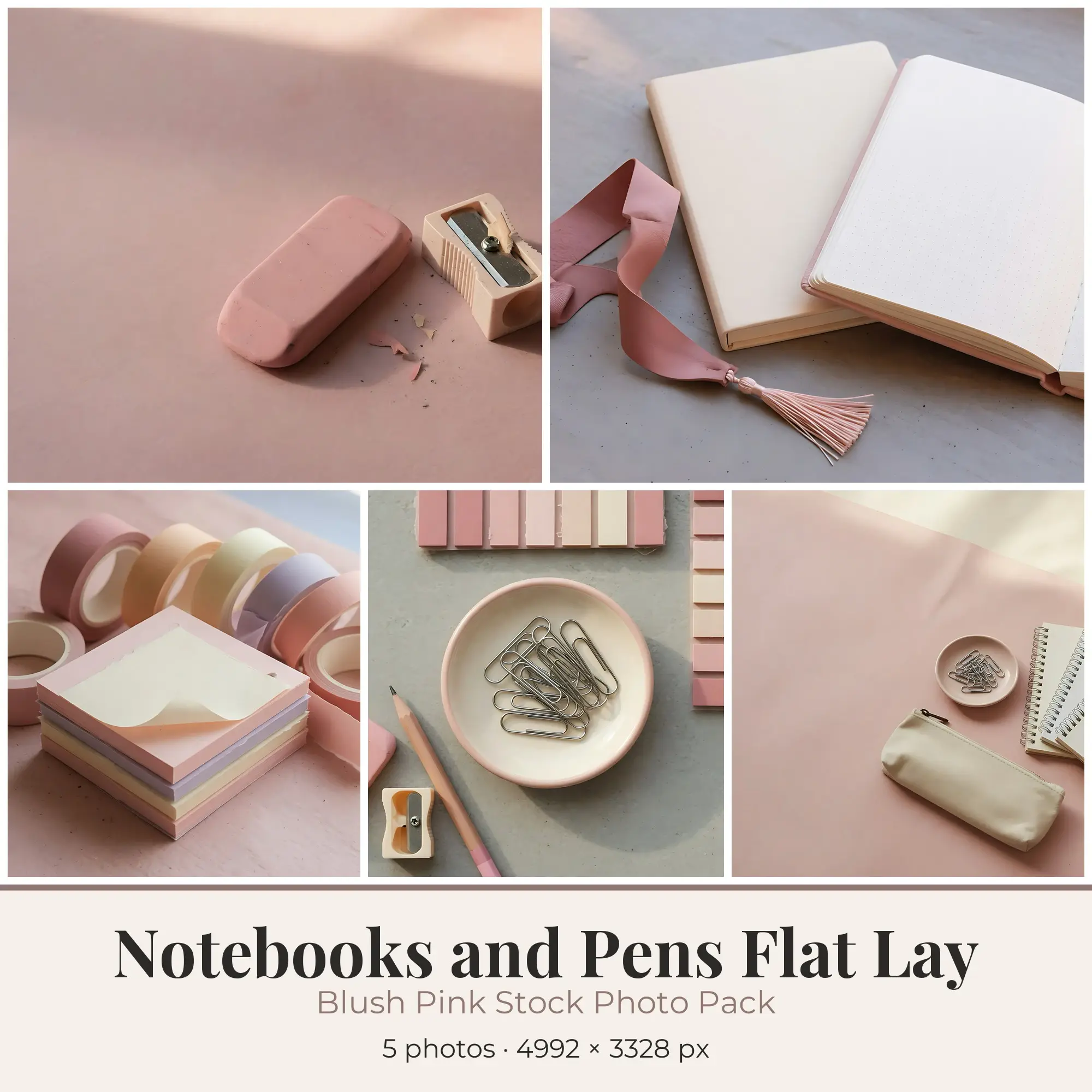 Stock Photos: Blush Pink Notebooks and Pens Flat Lay, 5 JPGs preview
