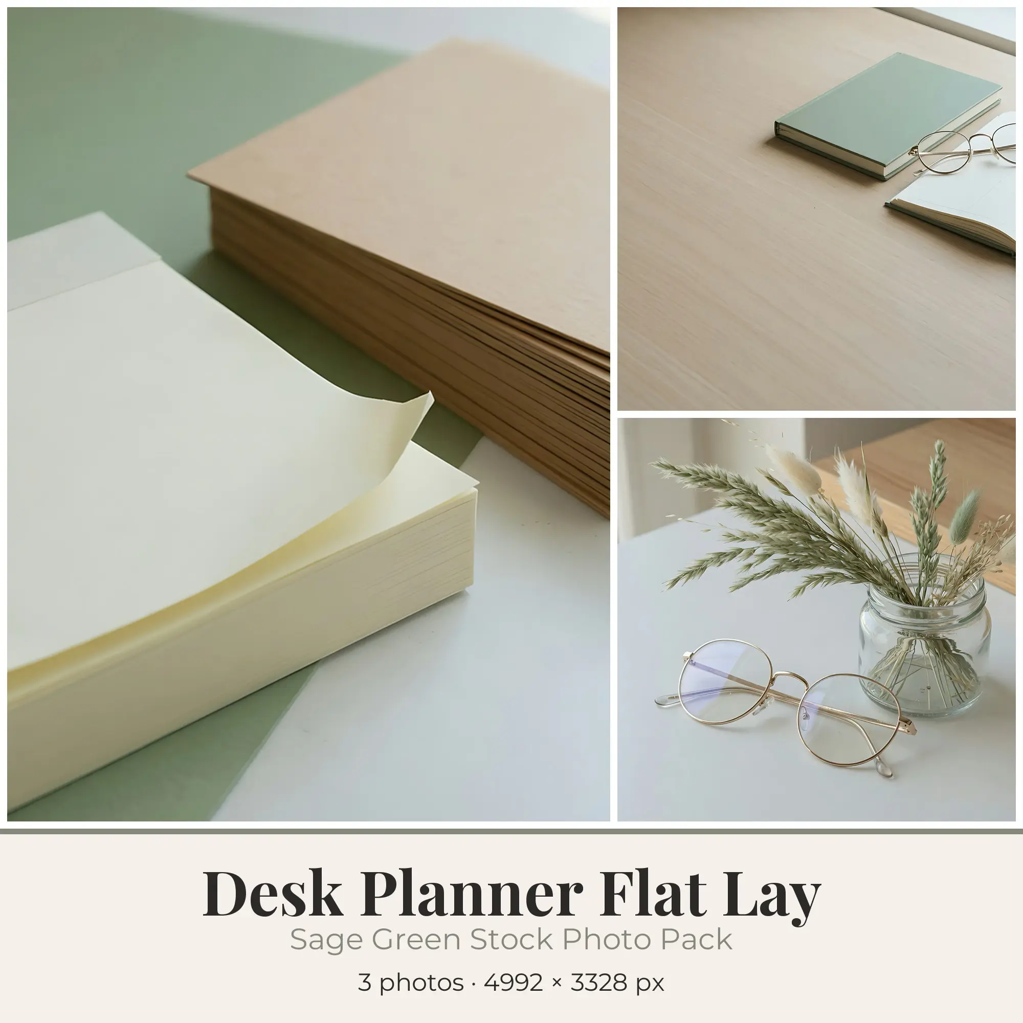Stock Photos: Sage Green Desk Planner Flat Lay, 3 JPGs preview