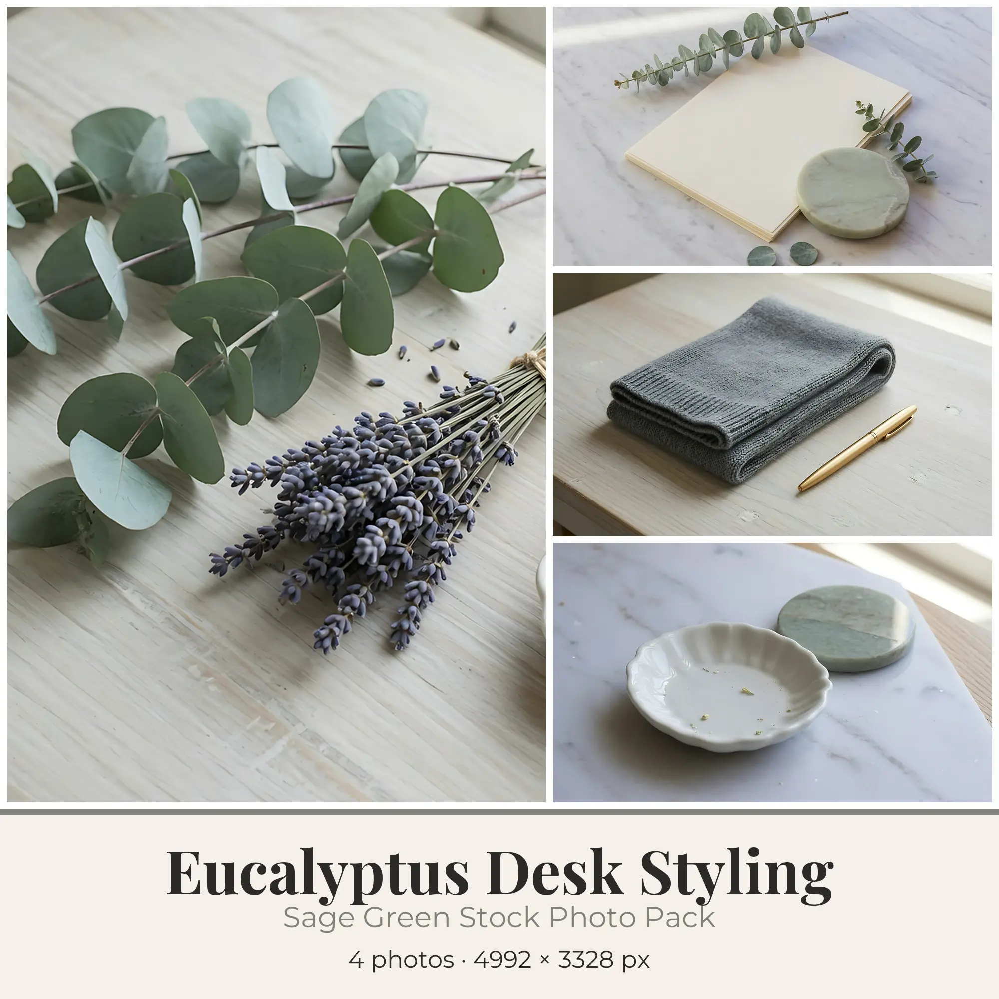 Stock Photos: Sage Green Eucalyptus Desk Styling, 4 JPGs preview
