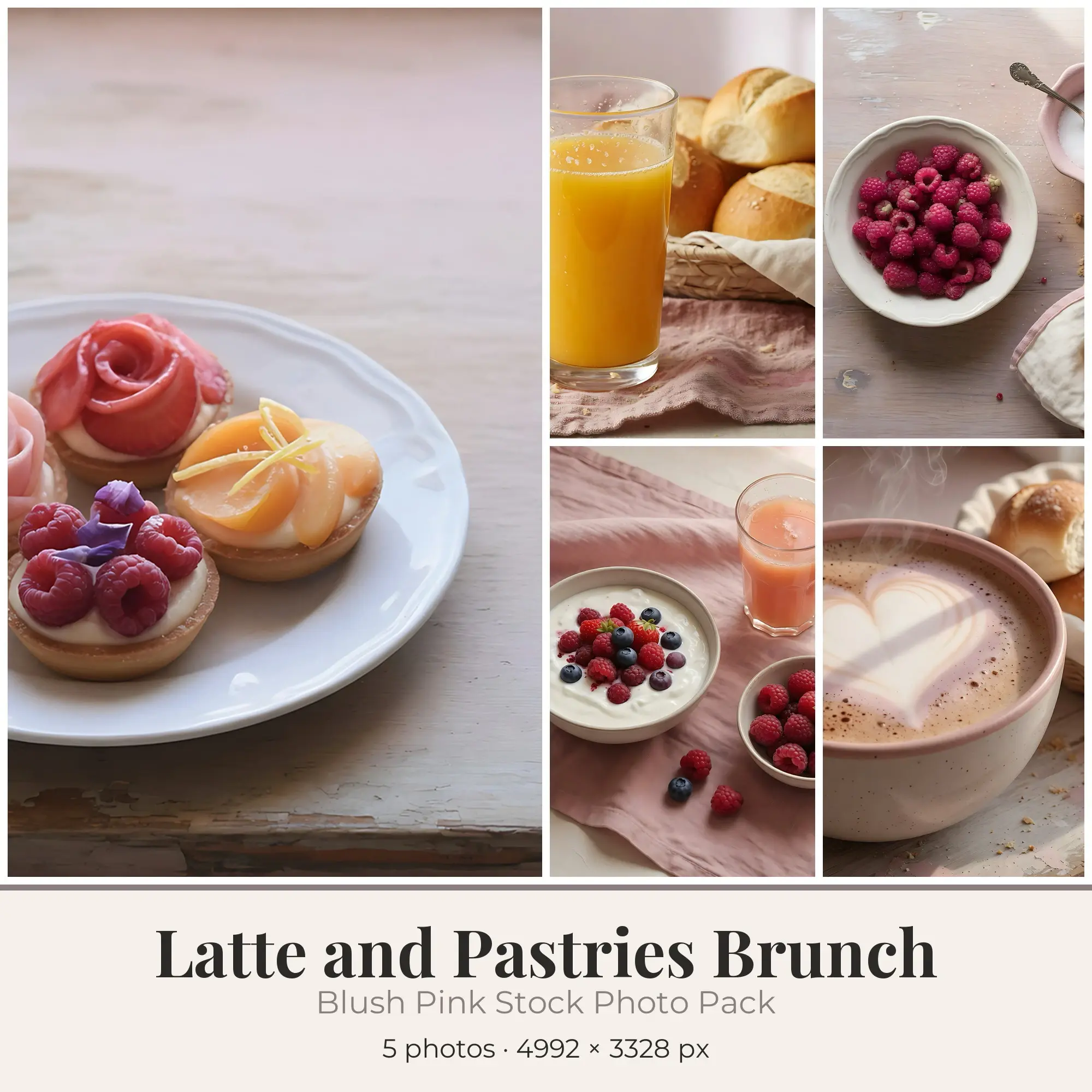 Stock Photos: Blush Pink Latte and Pastries Brunch, 5 JPGs preview