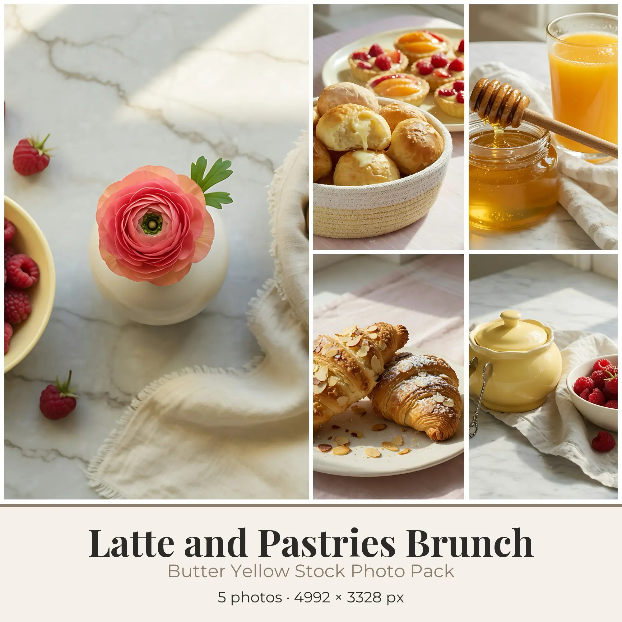 Stock Photos: Butter Yellow Latte and Pastries Brunch, 5 JPGs preview