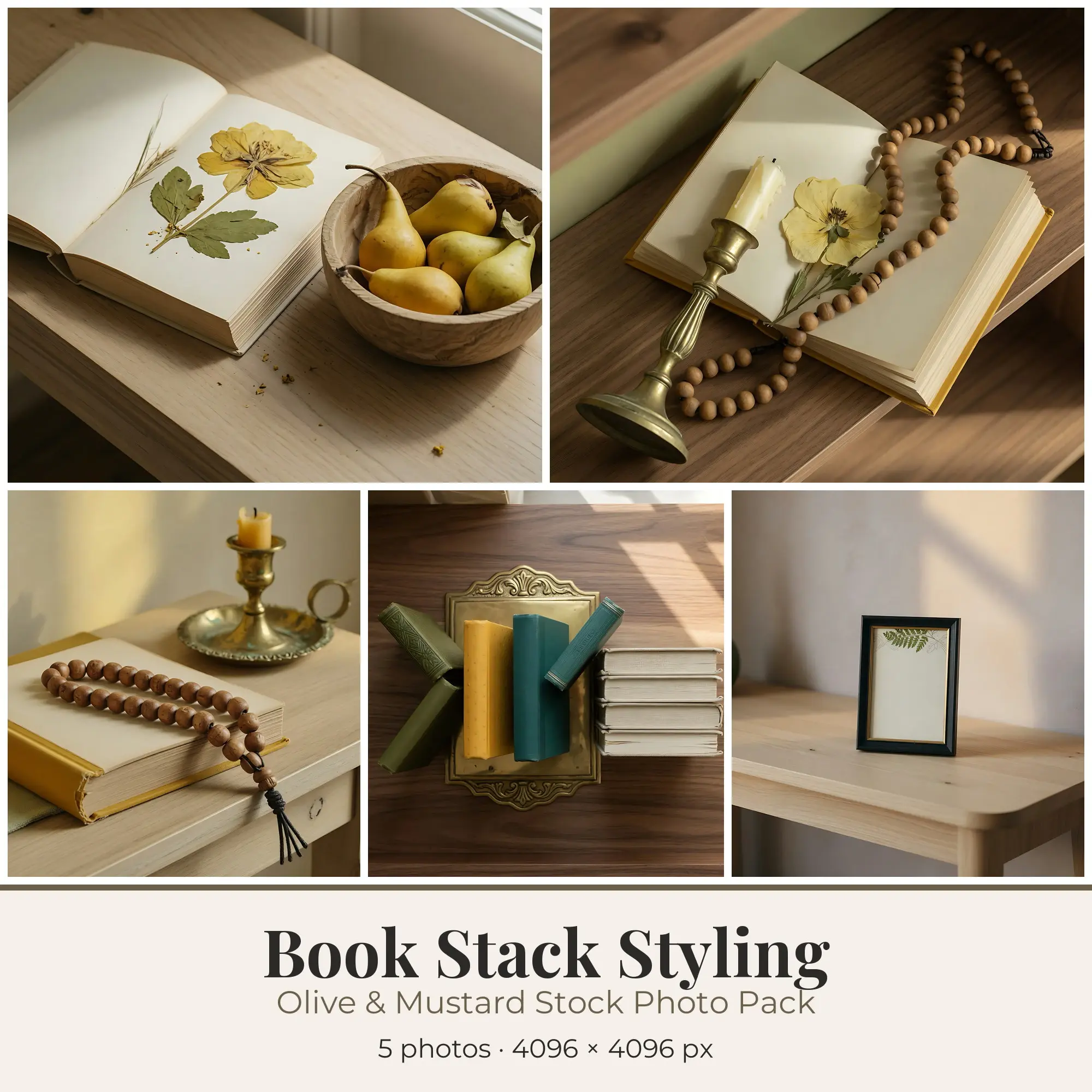 Stock Photos: Olive & Mustard Book Stack Styling, 5 JPGs preview