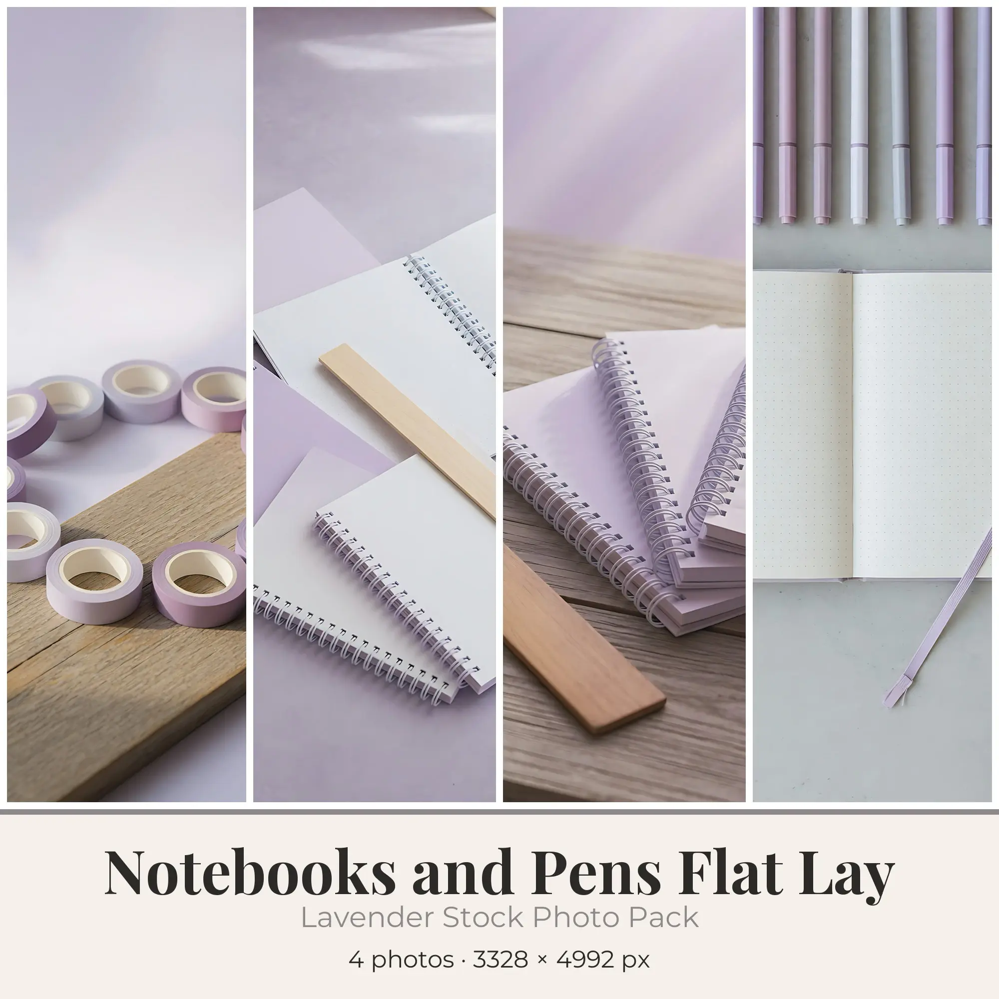 Stock Photos: Lavender Notebooks and Pens Flat Lay, 4 JPGs preview