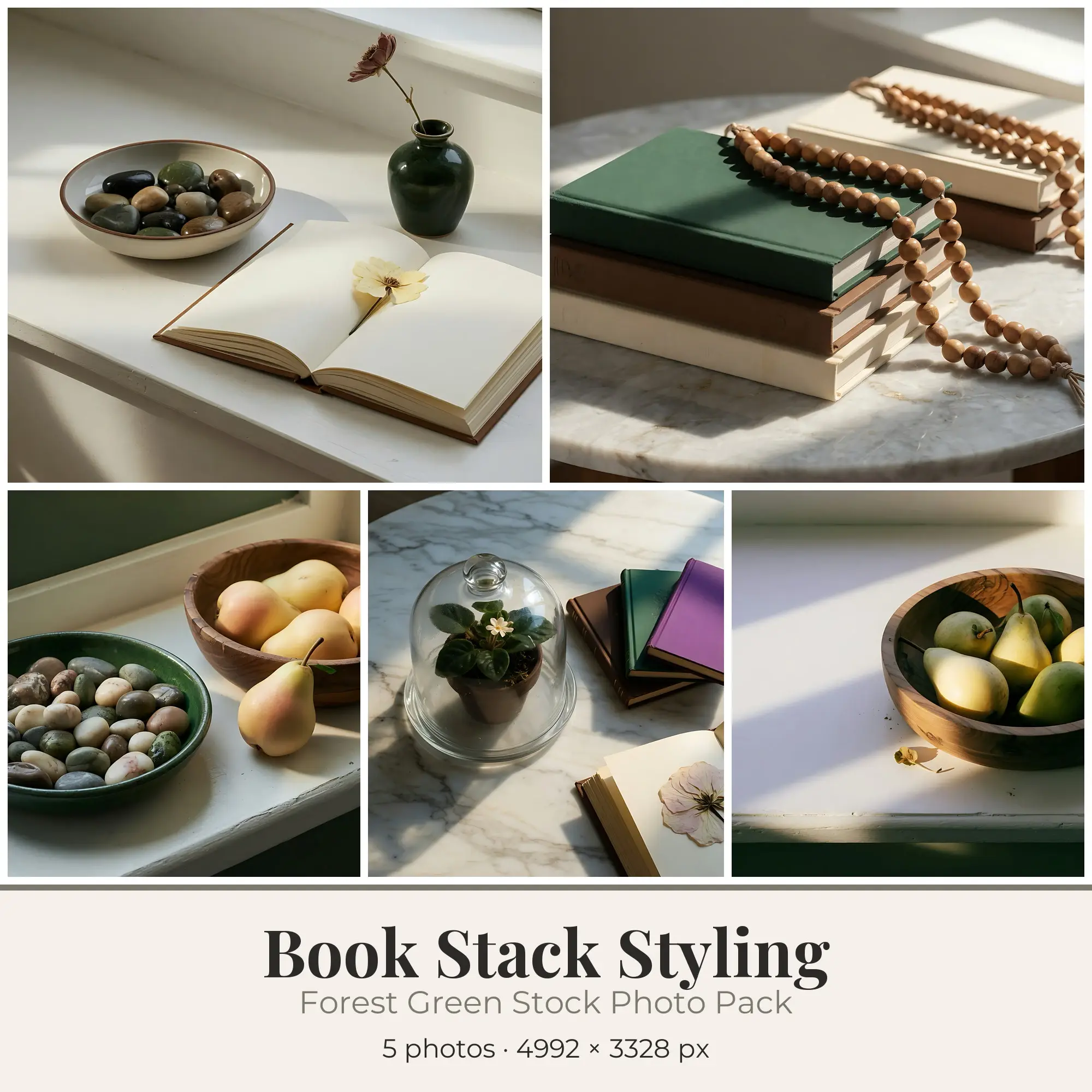 Stock Photos: Forest Green Book Stack Styling, 5 JPGs preview