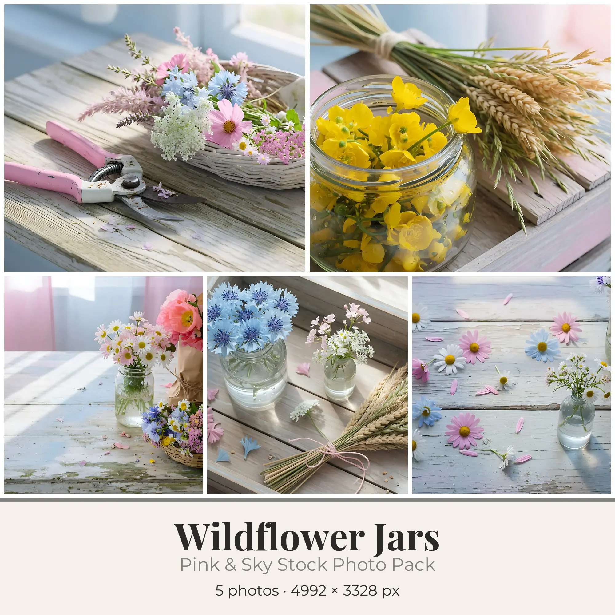 Stock Photos: Pink & Sky Wildflower Jars, 5 JPGs preview