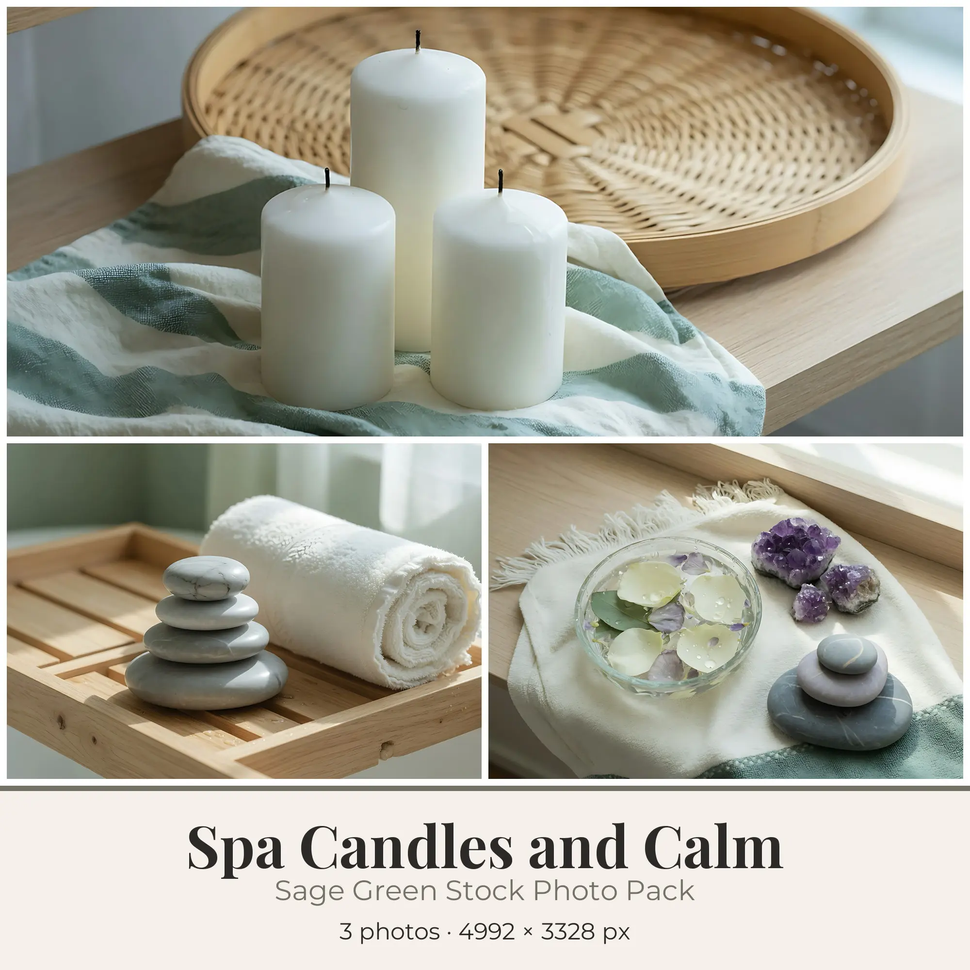 Stock Photos: Sage Green Spa Candles and Calm, 3 JPGs preview