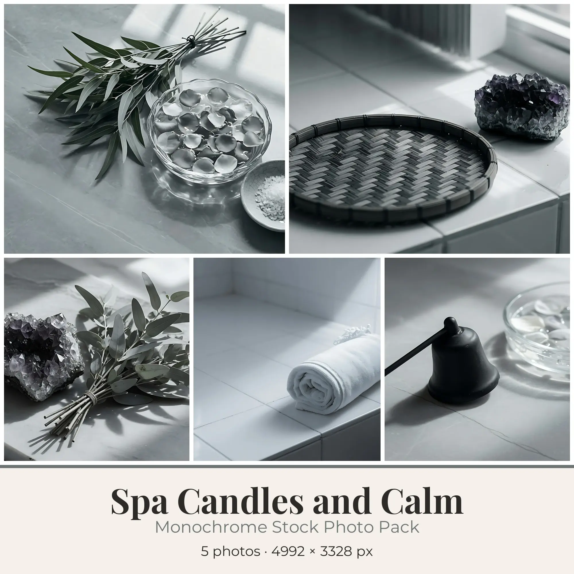 Stock Photos: Monochrome Spa Candles and Calm, 5 JPGs preview