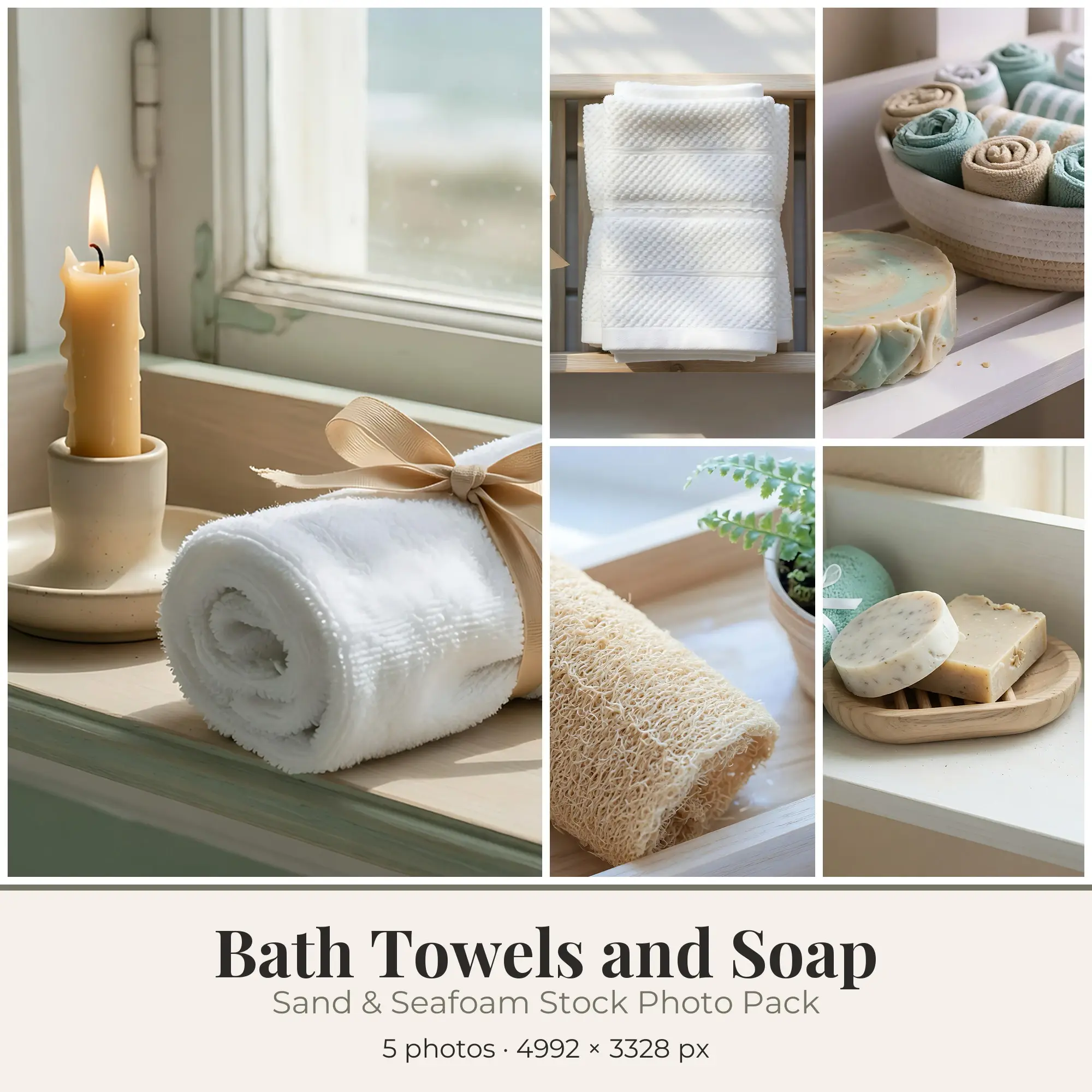 Stock Photos: Sand & Seafoam Bath Towels and Soap, 5 JPGs preview