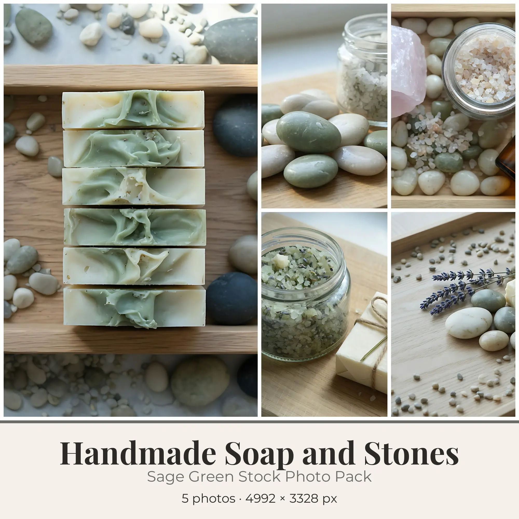 Stock Photos: Sage Green Handmade Soap and Stones, 5 JPGs preview