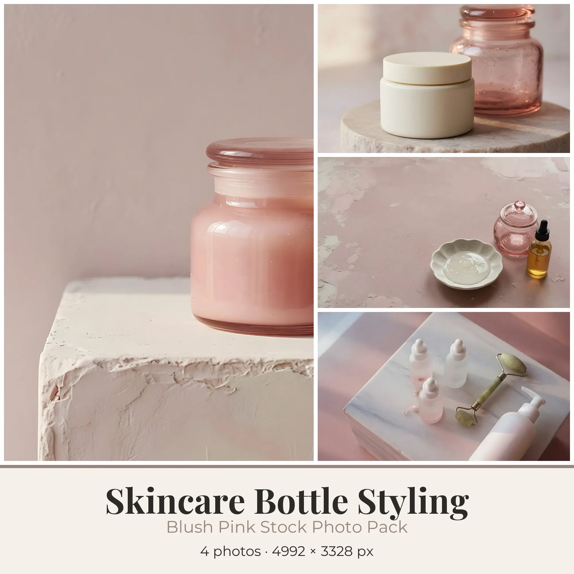 Stock Photos: Blush Pink Skincare Bottle Styling, 4 JPGs preview