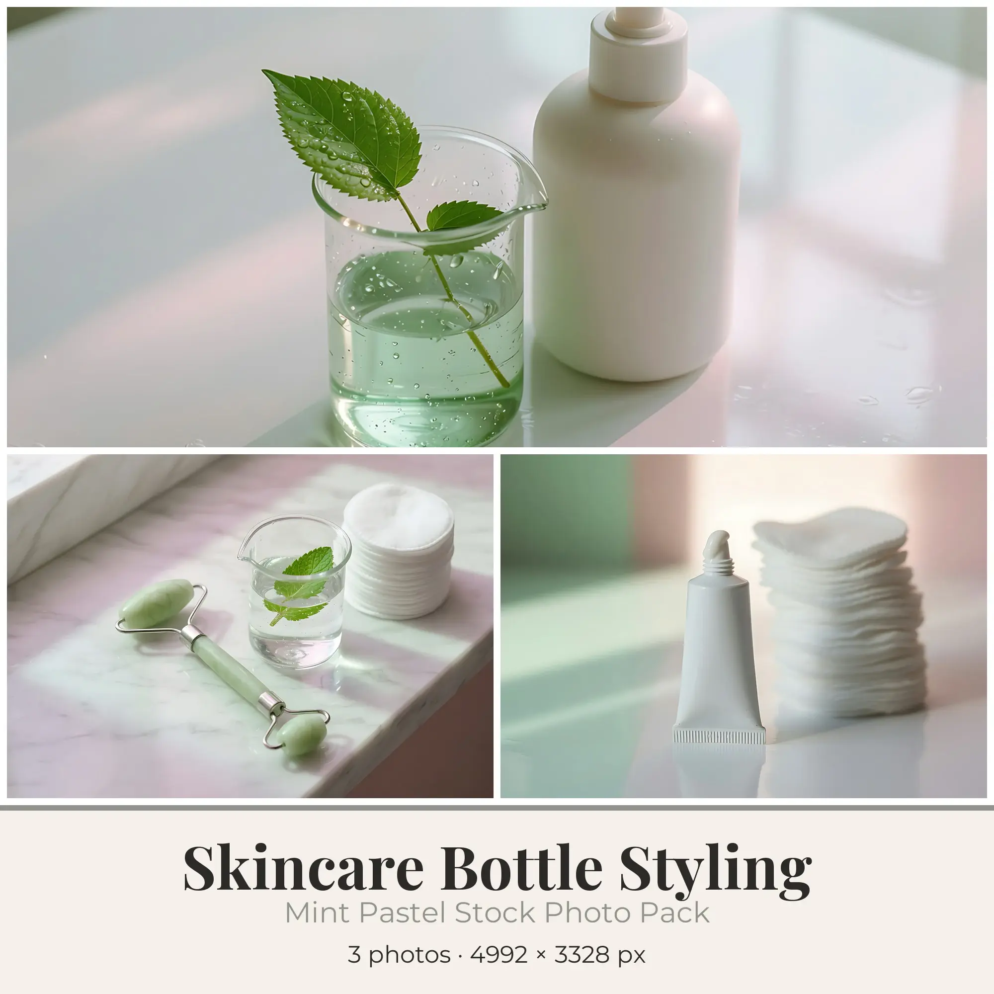 Stock Photos: Mint Pastel Skincare Bottle Styling, 3 JPGs preview