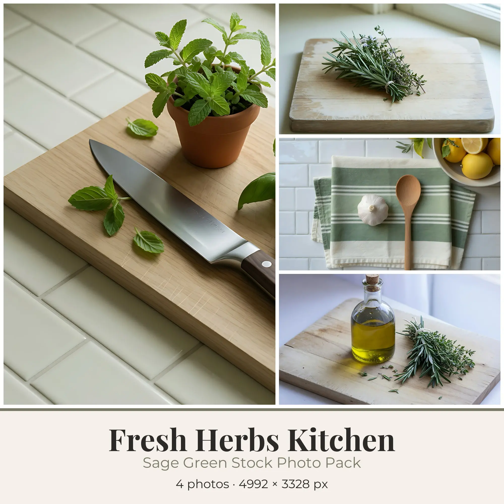 Stock Photos: Sage Green Fresh Herbs Kitchen, 4 JPGs preview