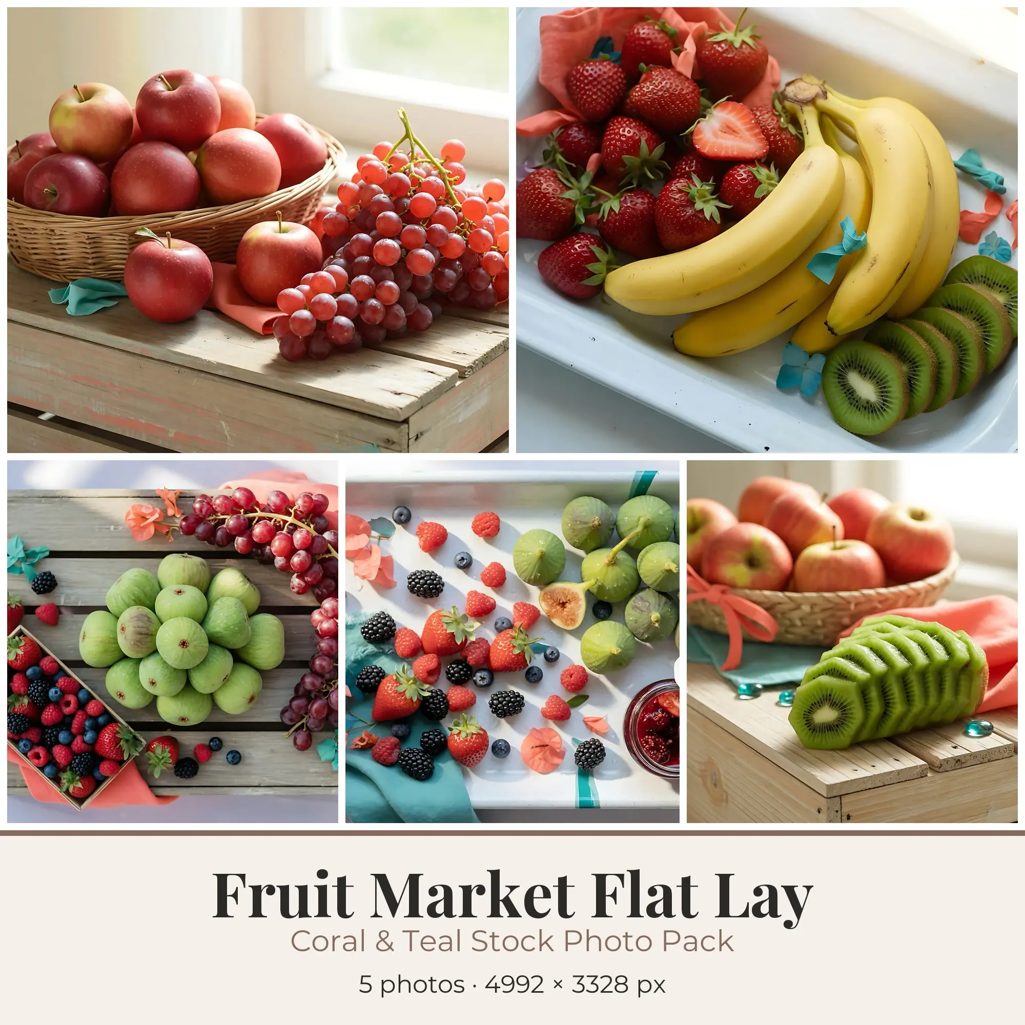 Stock Photos: Coral & Teal Fruit Market Flat Lay, 5 JPGs preview