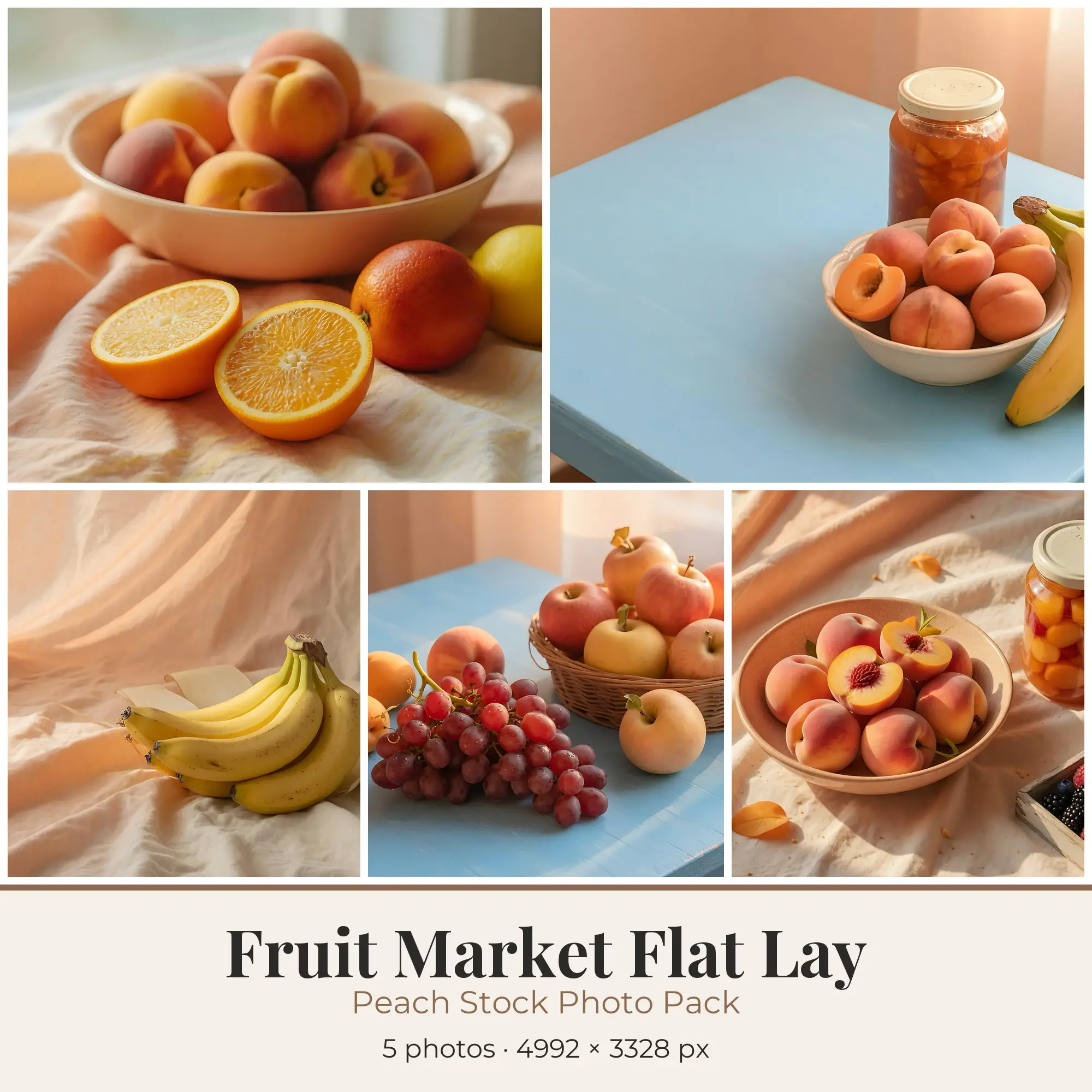 Stock Photos: Peach Fruit Market Flat Lay, 5 JPGs preview