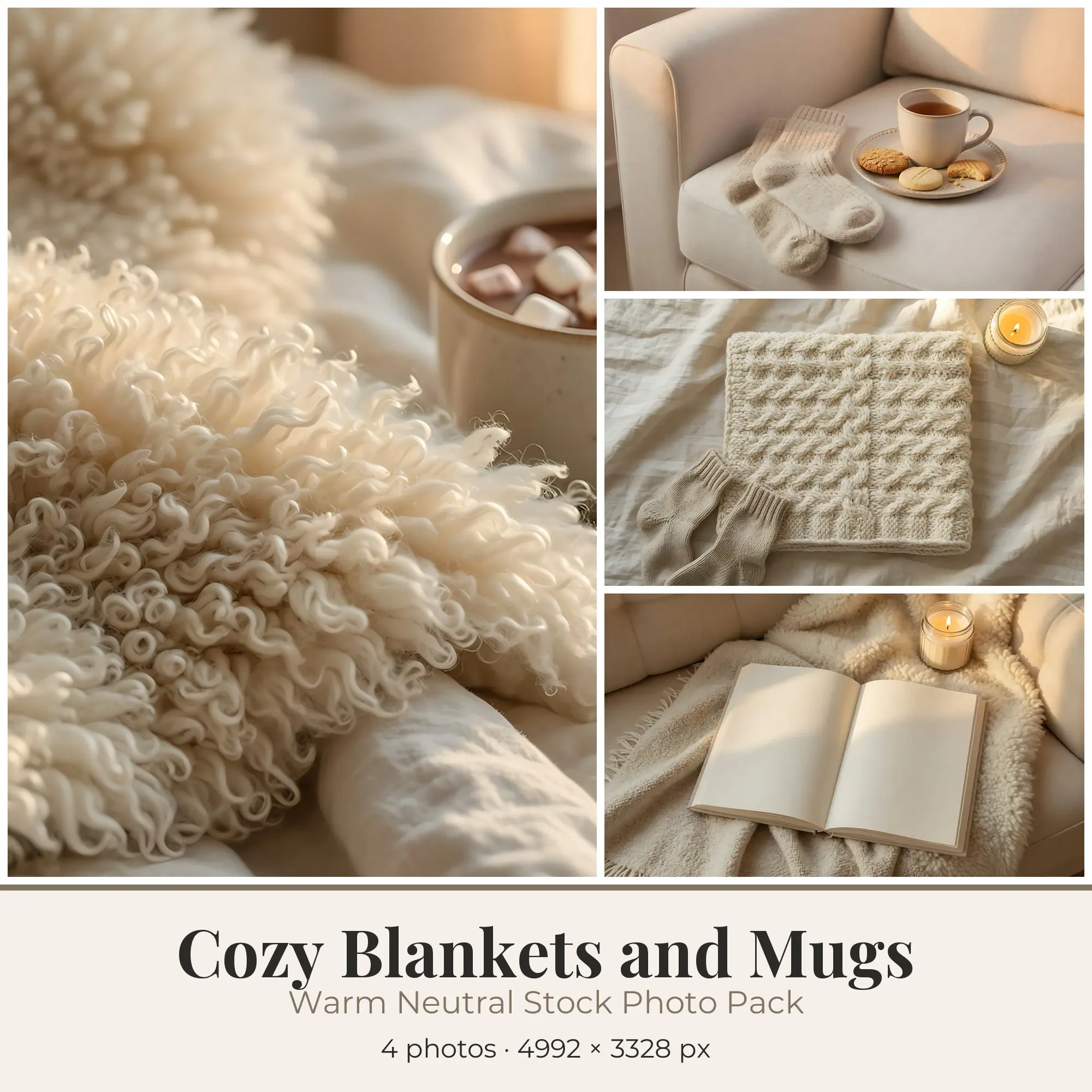 Stock Photos: Warm Neutral Cozy Blankets and Mugs, 4 JPGs preview