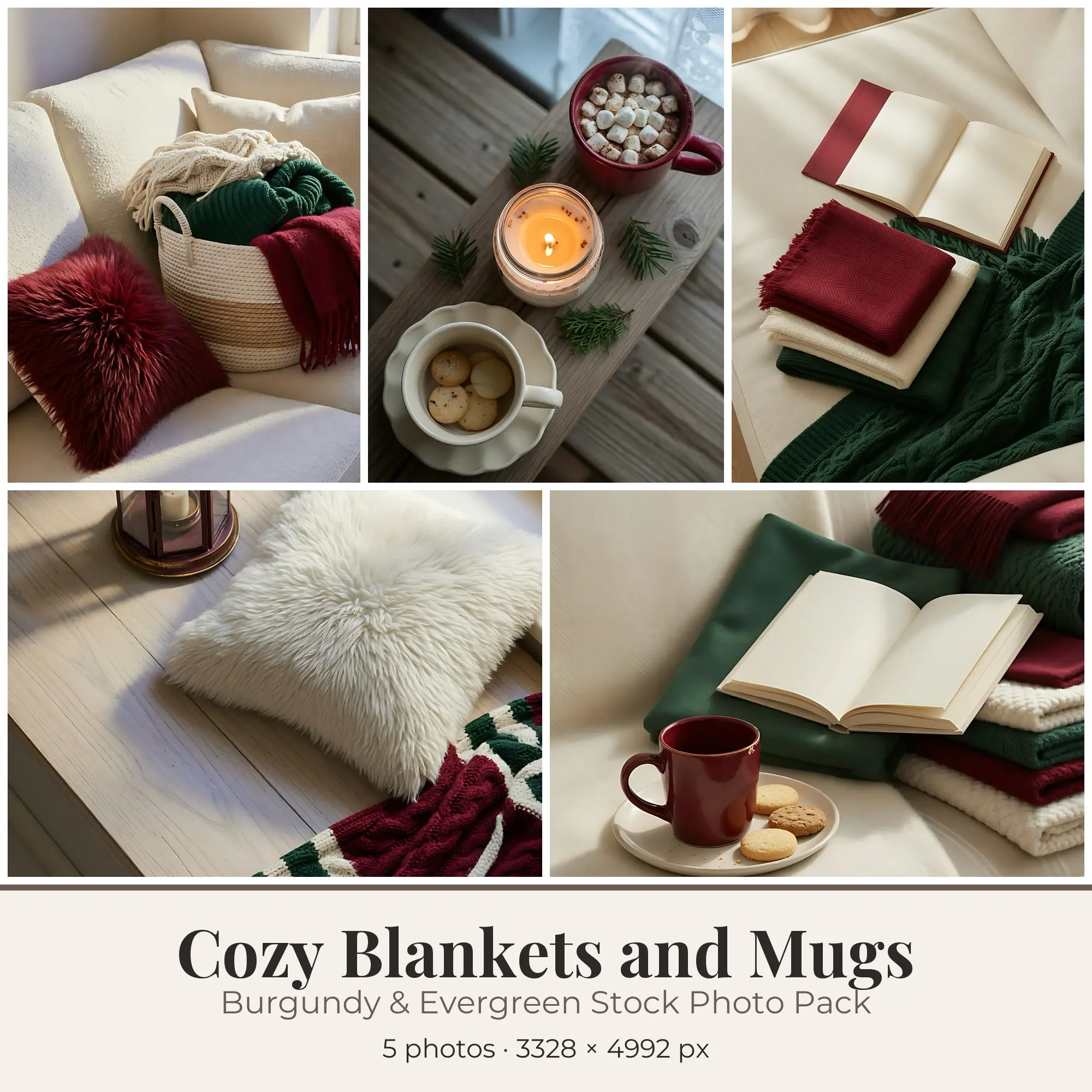 Stock Photos: Burgundy & Evergreen Cozy Blankets and Mugs, 5 JPGs preview