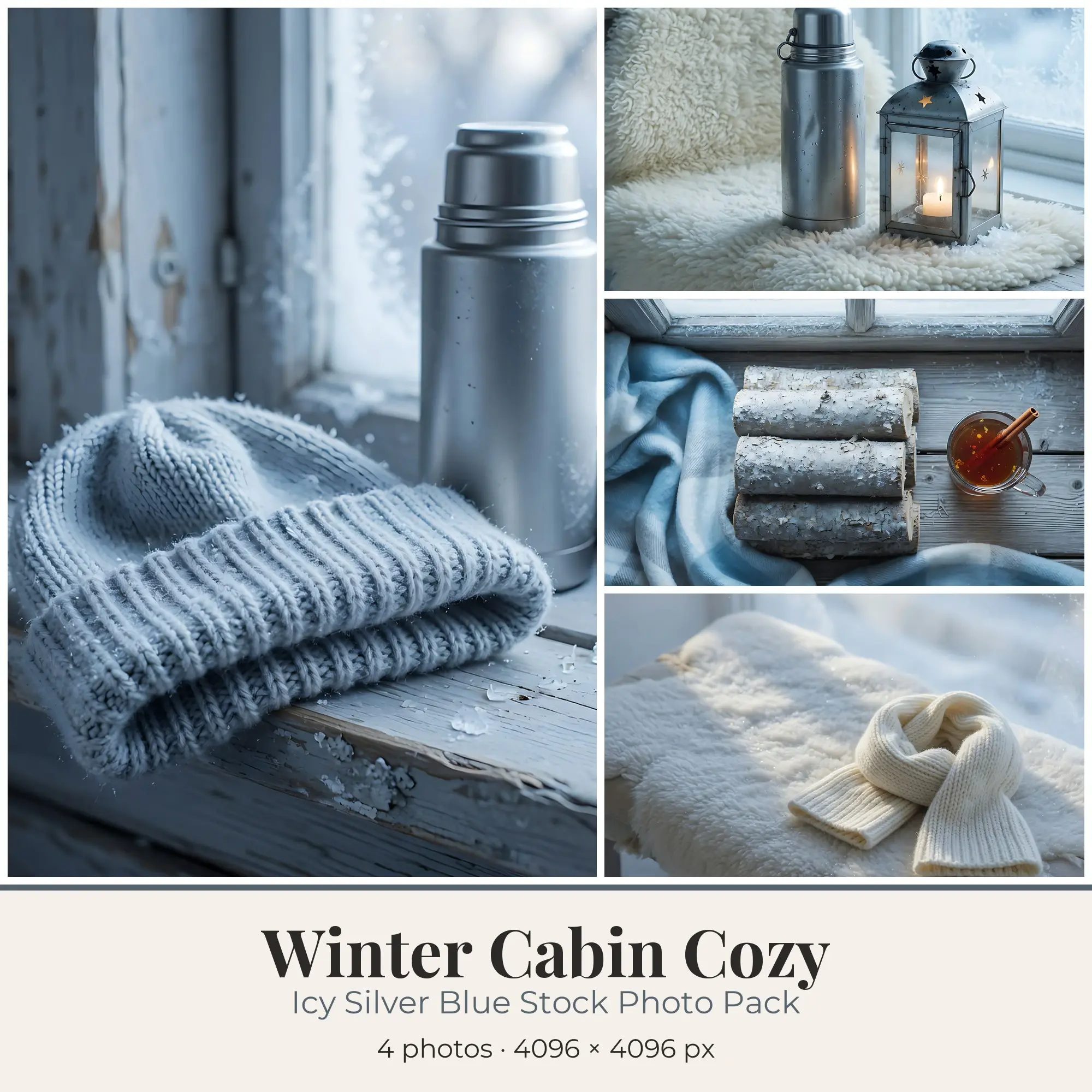 Stock Photos: Icy Silver Blue Winter Cabin Cozy, 4 JPGs preview