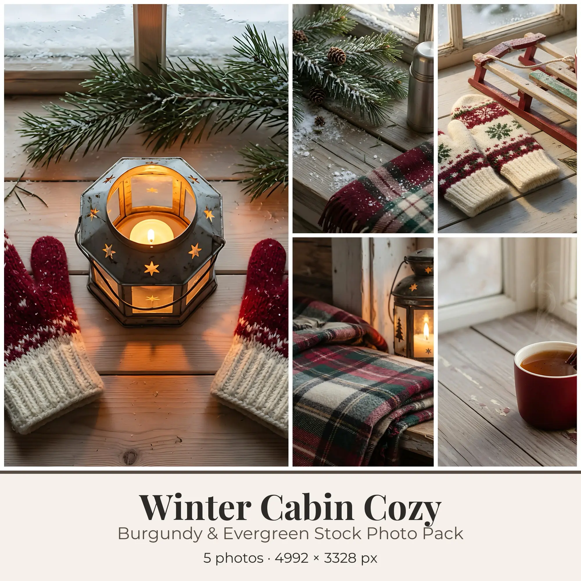 Stock Photos: Burgundy & Evergreen Winter Cabin Cozy, 5 JPGs preview