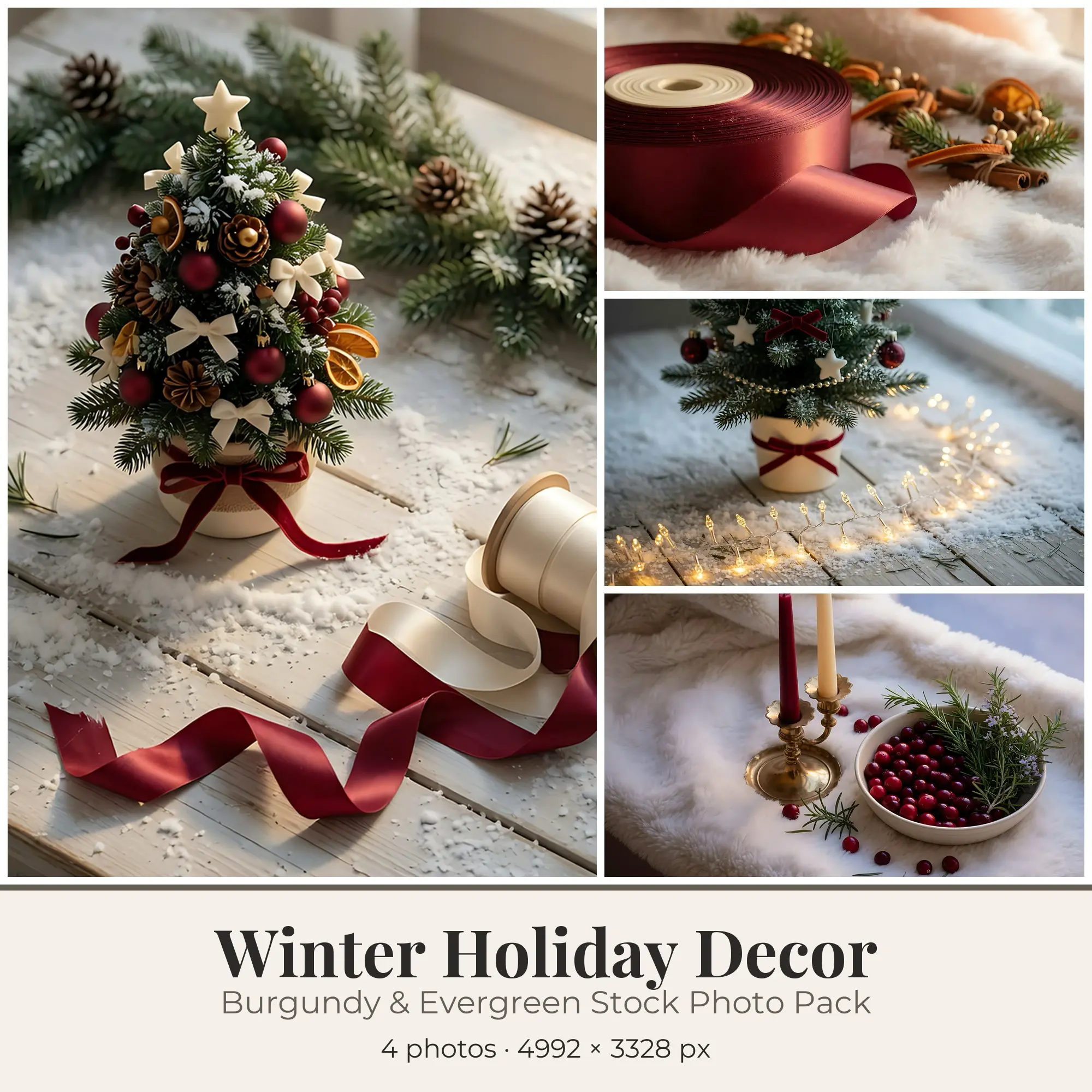Stock Photos: Burgundy & Evergreen Winter Holiday Decor, 4 JPGs preview