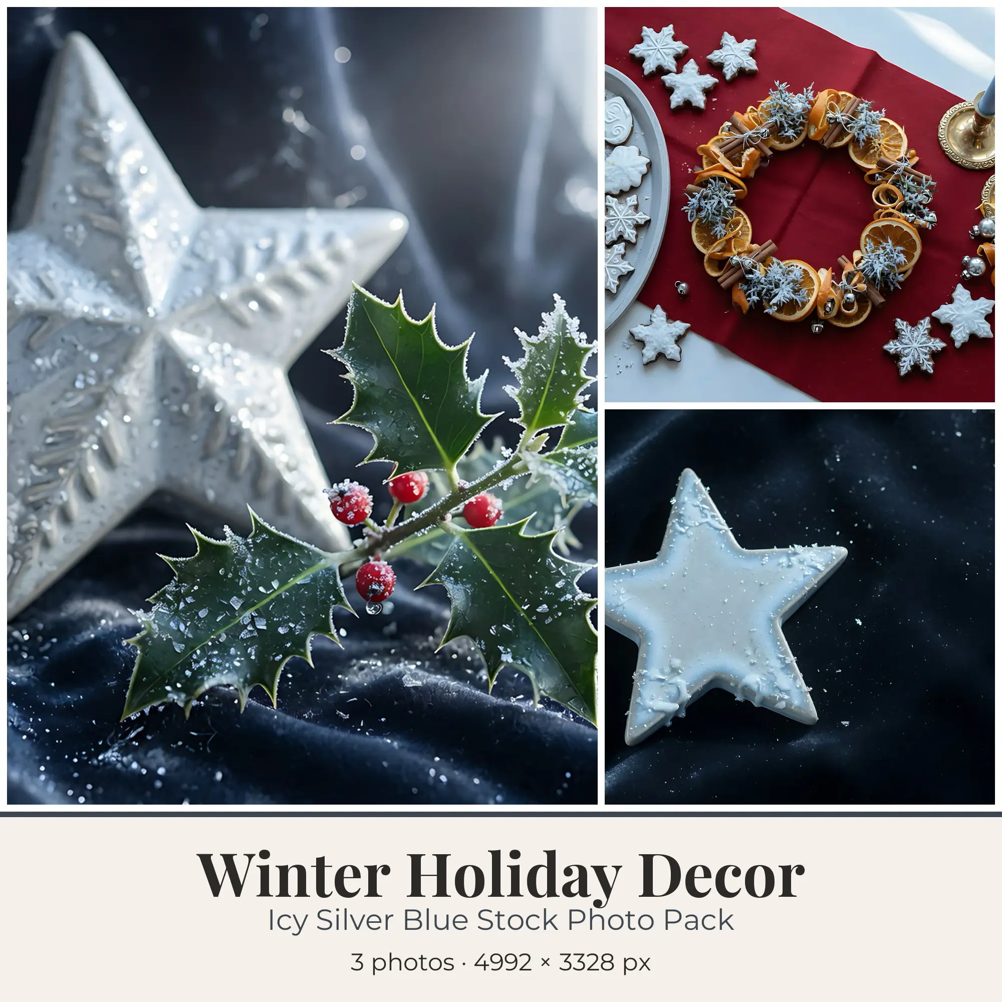 Stock Photos: Icy Silver Blue Winter Holiday Decor, 3 JPGs preview