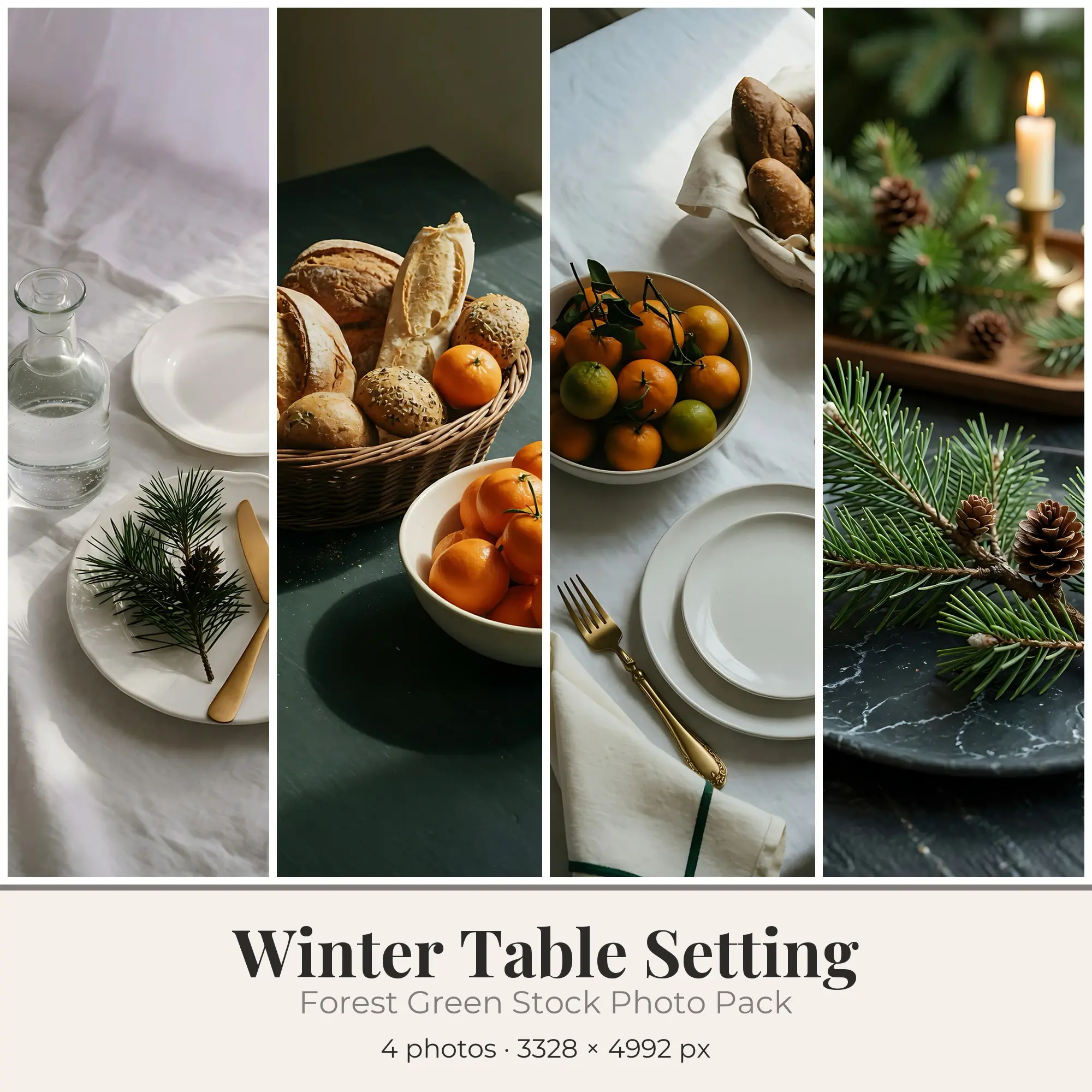 Stock Photos: Forest Green Winter Table Setting, 4 JPGs preview