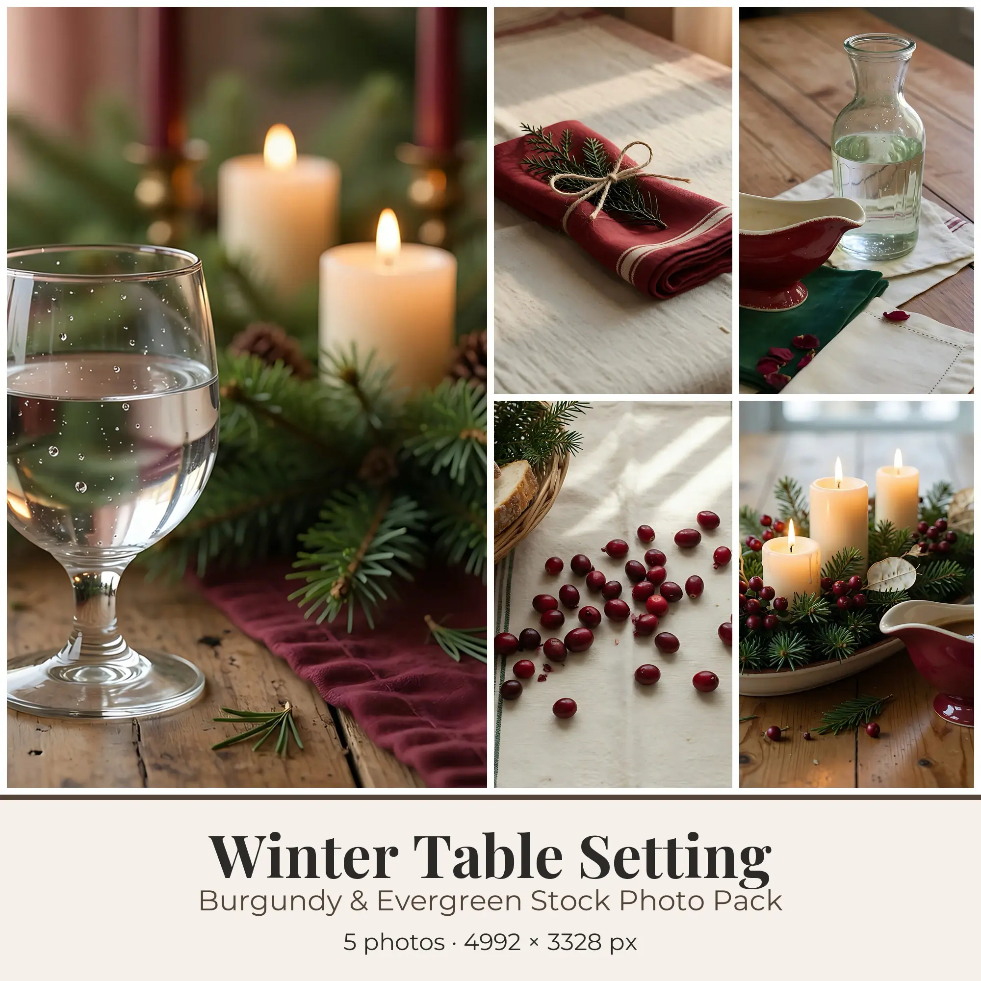 Stock Photos: Burgundy & Evergreen Winter Table Setting, 5 JPGs preview
