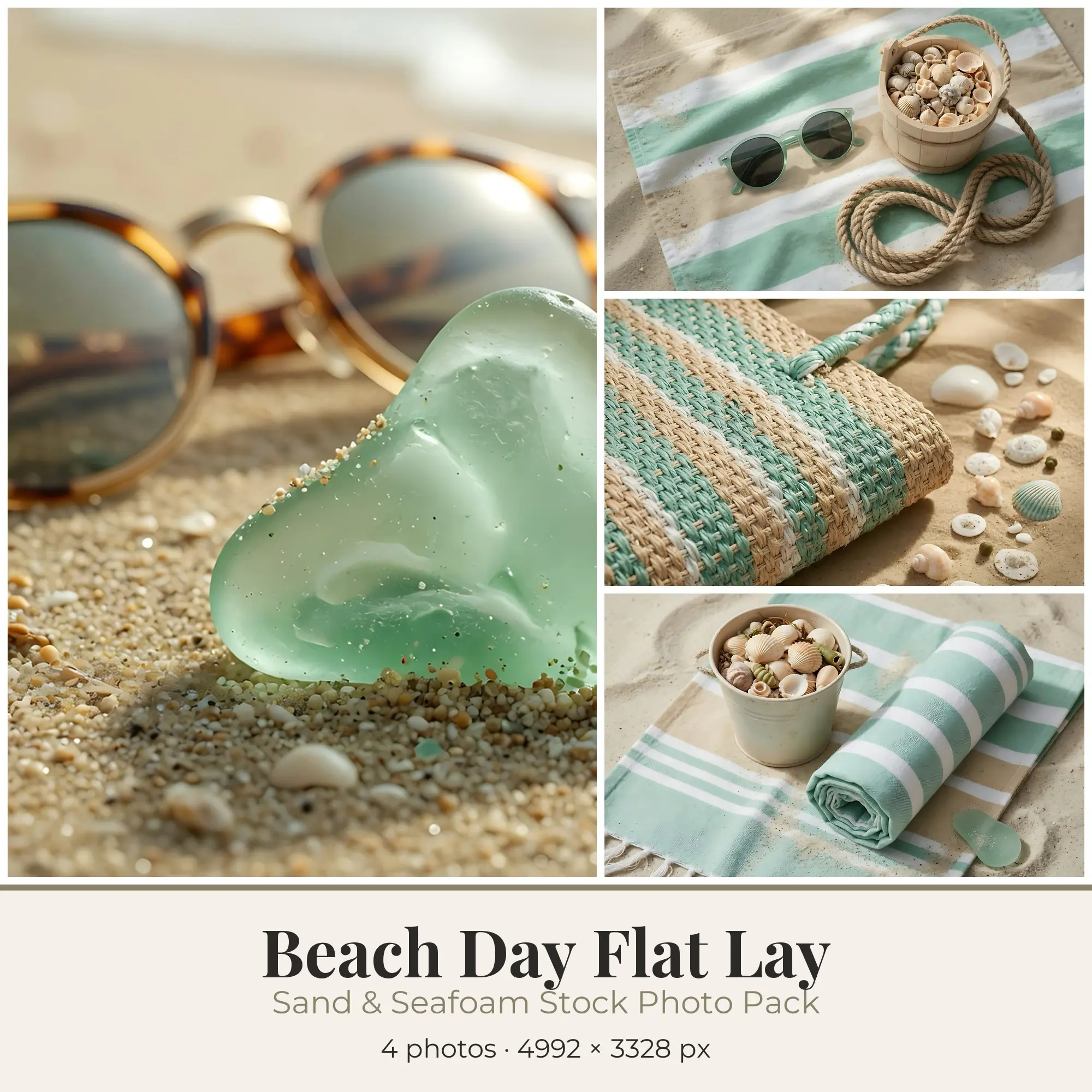 Stock Photos: Sand & Seafoam Beach Day Flat Lay, 4 JPGs preview