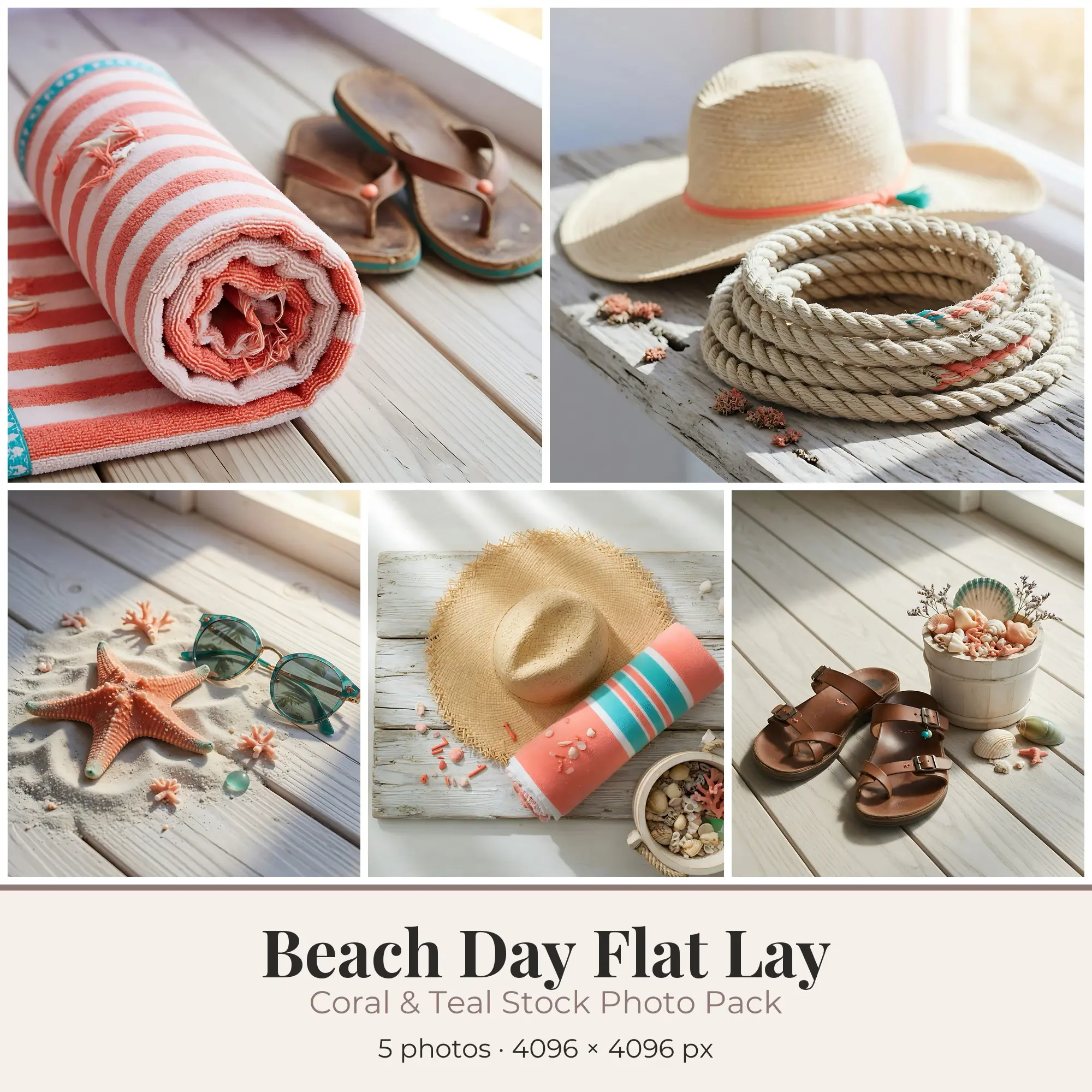 Stock Photos: Coral & Teal Beach Day Flat Lay, 5 JPGs preview