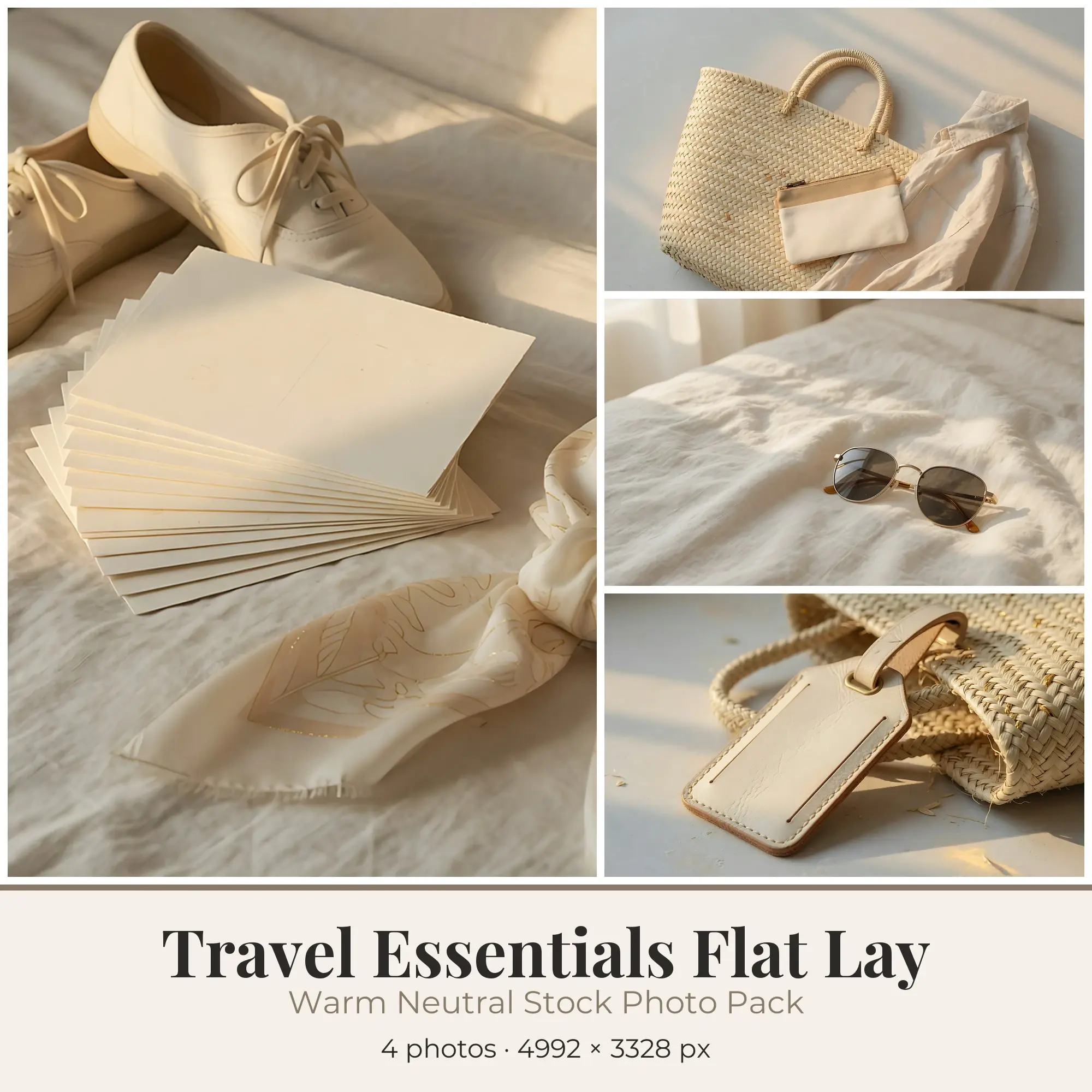 Stock Photos: Warm Neutral Travel Essentials Flat Lay, 4 JPGs preview
