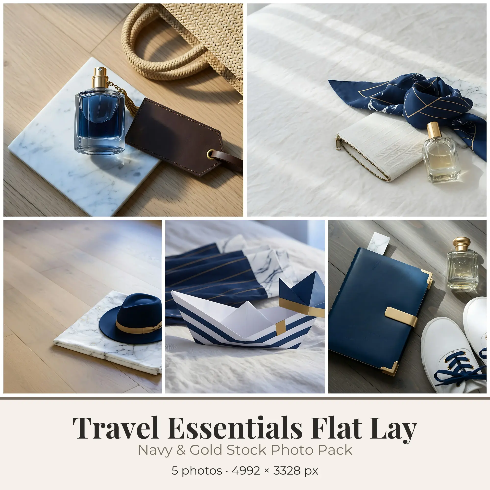 Stock Photos: Navy & Gold Travel Essentials Flat Lay, 5 JPGs preview
