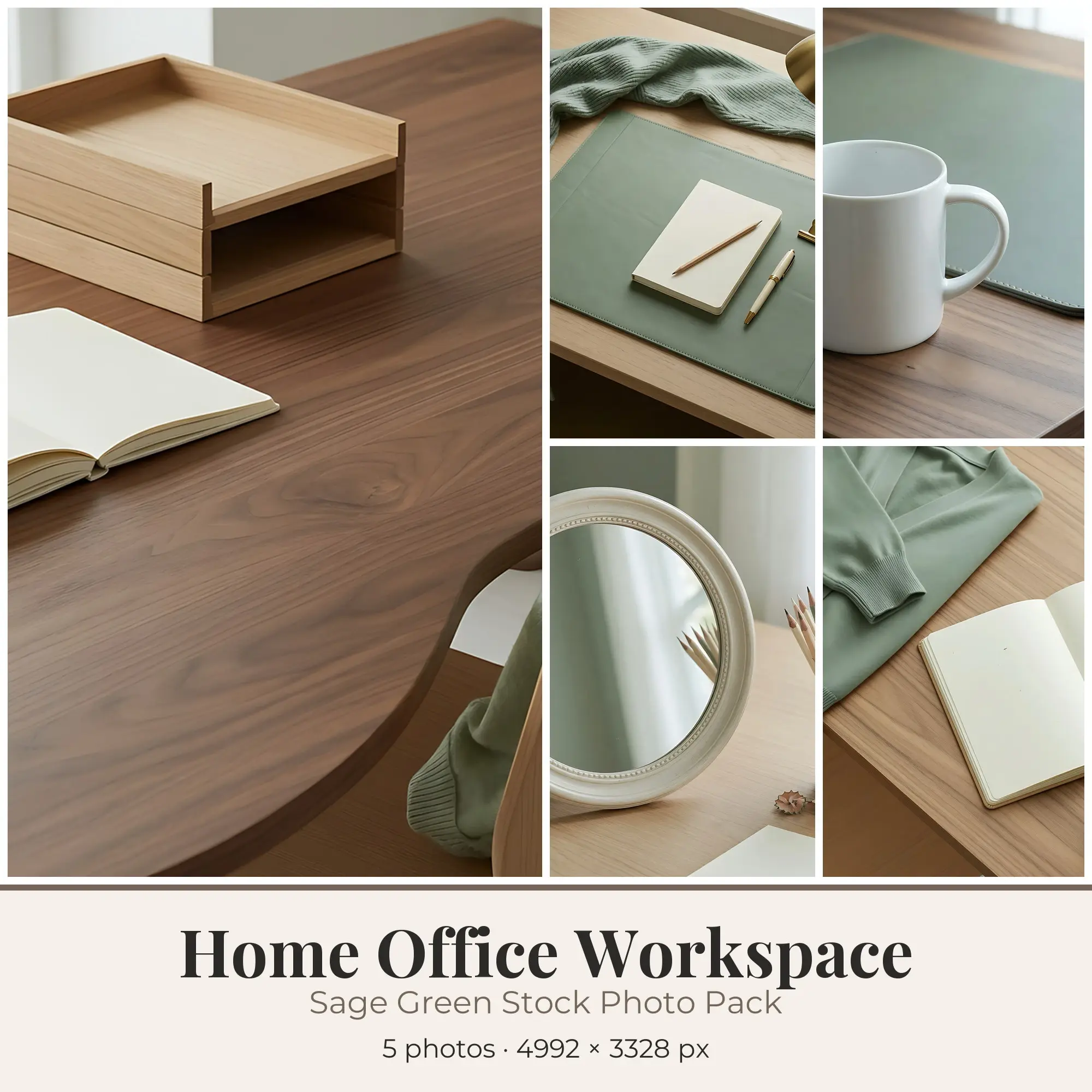 Stock Photos: Sage Green Home Office Workspace, 5 JPGs preview
