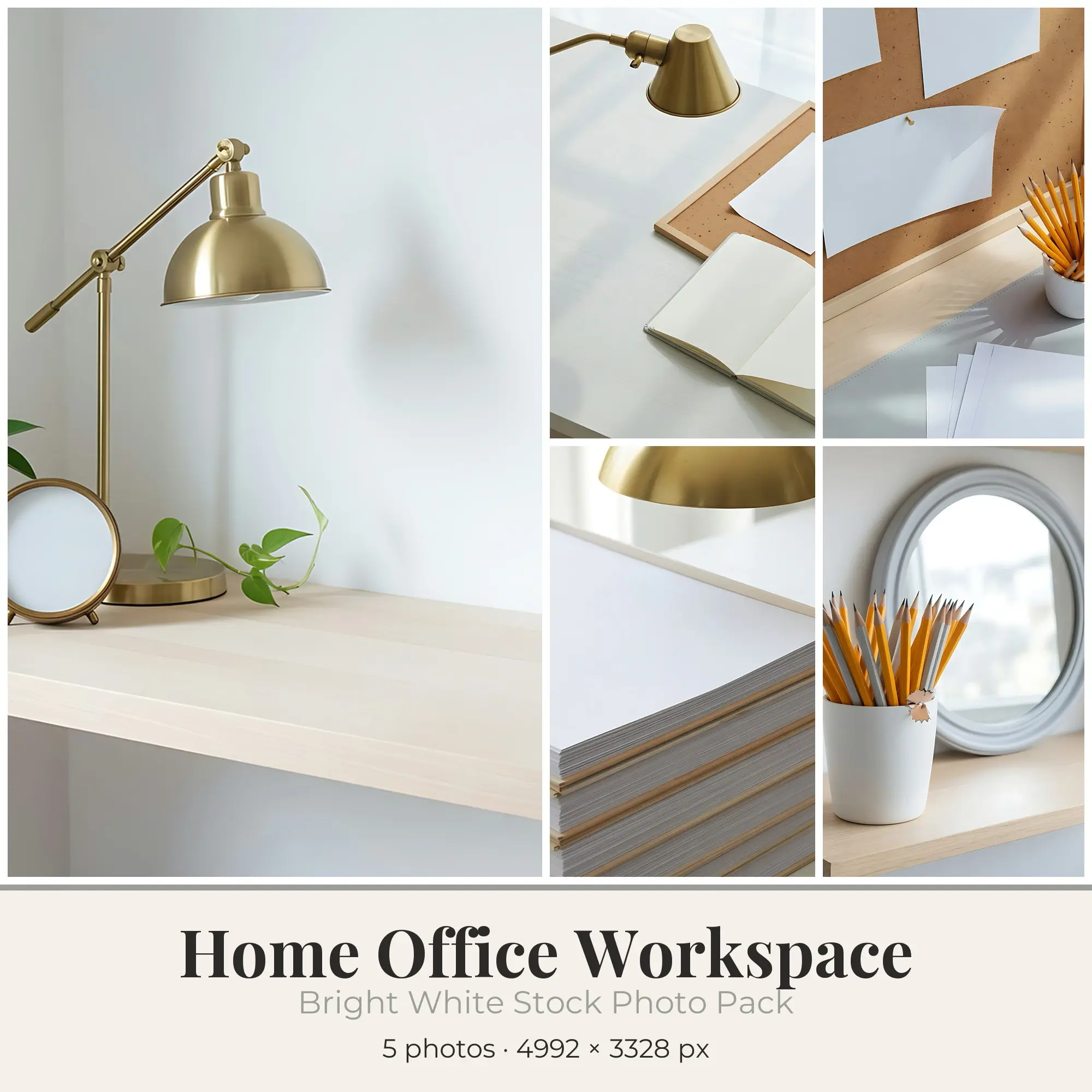 Stock Photos: Bright White Home Office Workspace, 5 JPGs preview