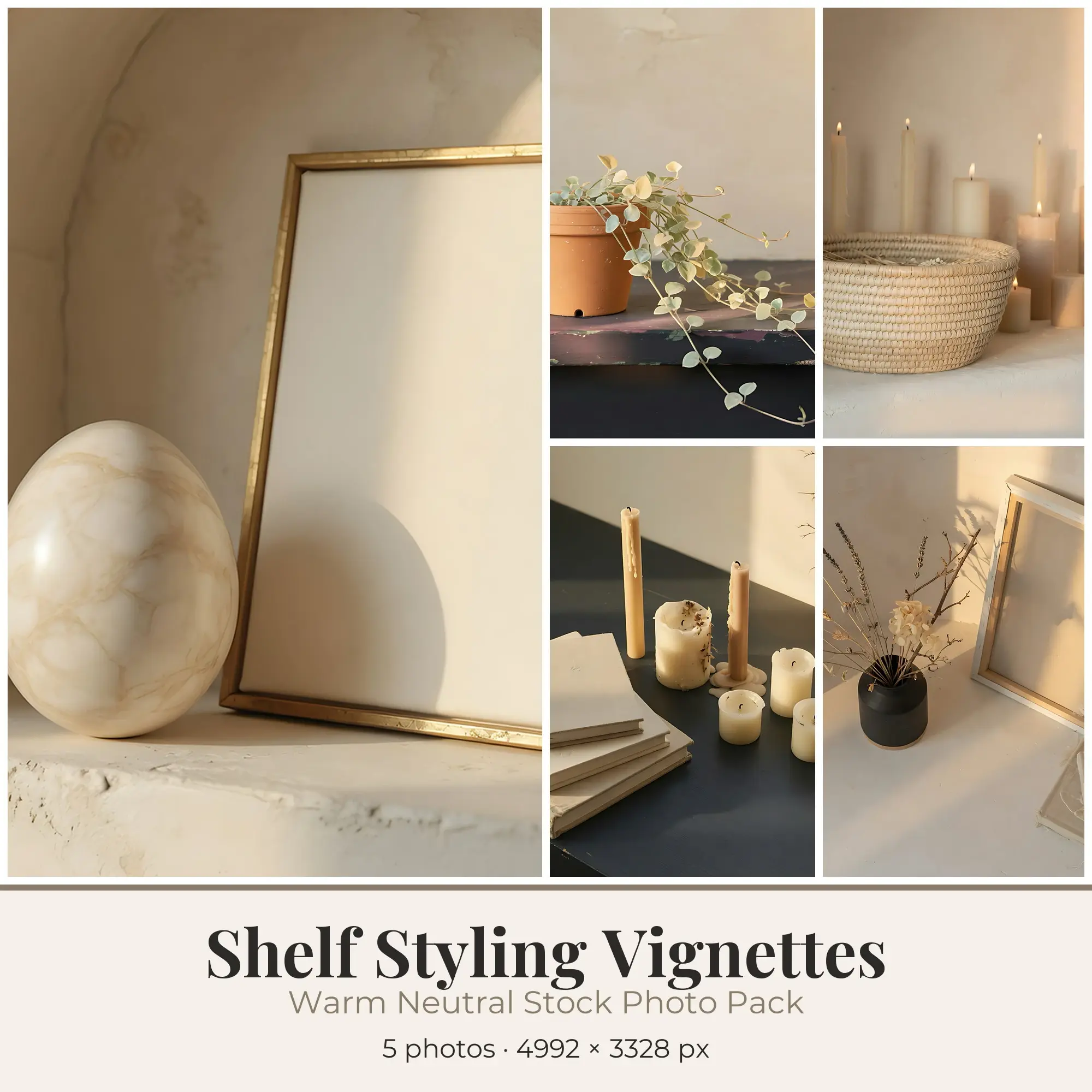 Stock Photos: Warm Neutral Shelf Styling Vignettes, 5 JPGs preview