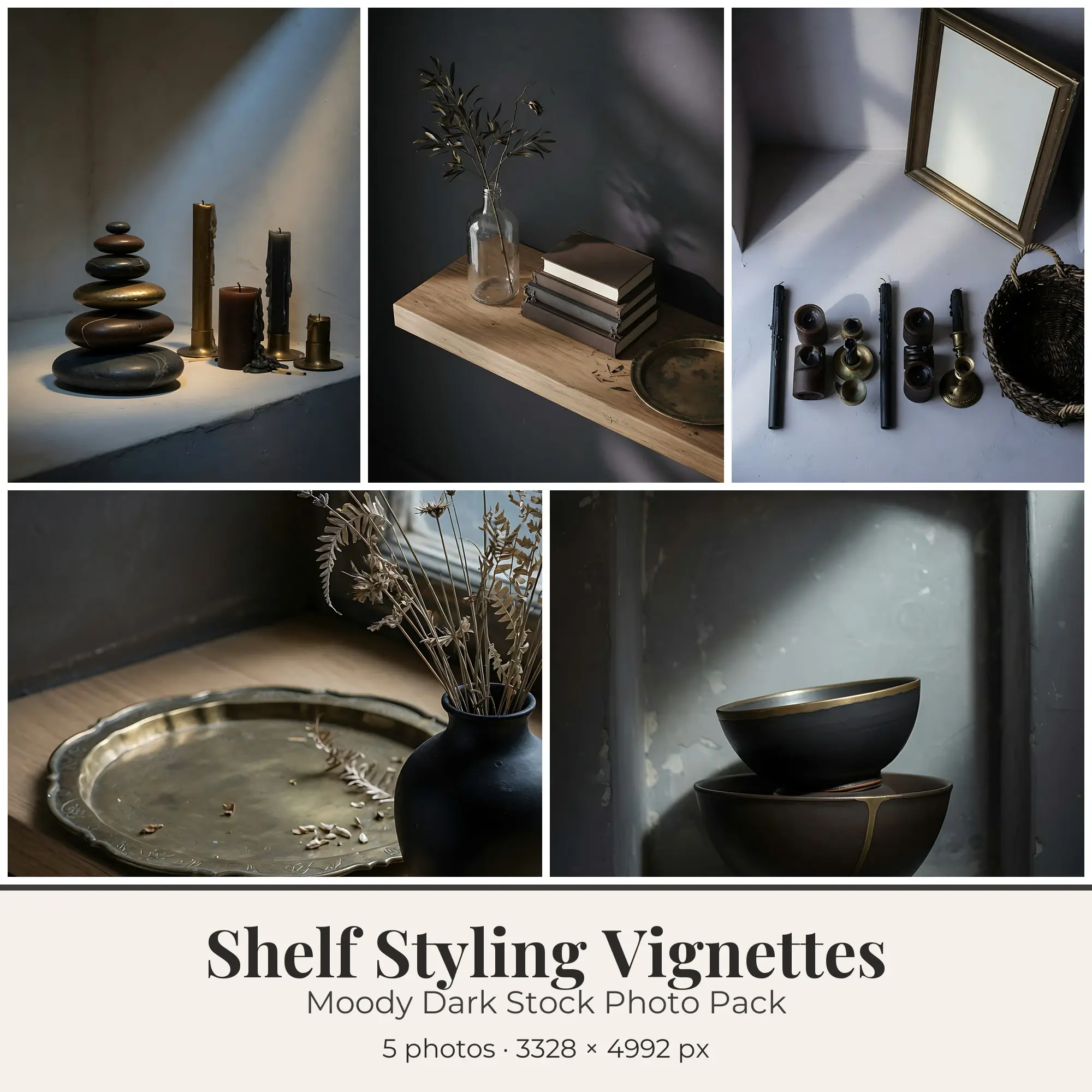 Stock Photos: Moody Dark Shelf Styling Vignettes, 5 JPGs preview
