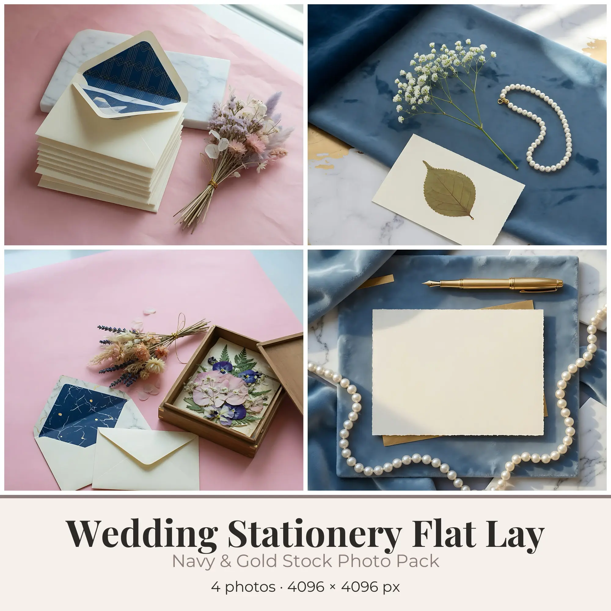 Stock Photos: Navy & Gold Wedding Stationery Flat Lay, 4 JPGs preview